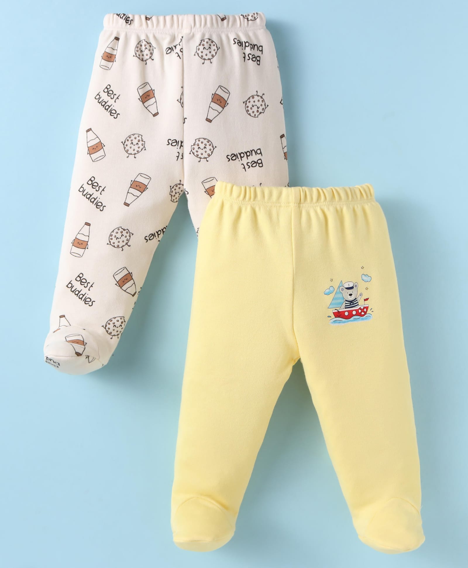 Ben Benny 100% Cotton Knitted Full Length Bootie Leggings with Bear Print Pack of 2 - Cream & Light Yellow-image-38