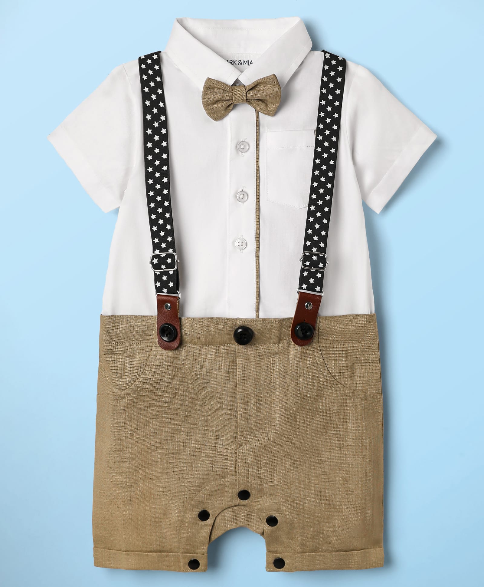 Mark & Mia Cotton Knit Half Sleeves Solid Color Party Romper With Bow & Suspenders - White & Brown-image-41