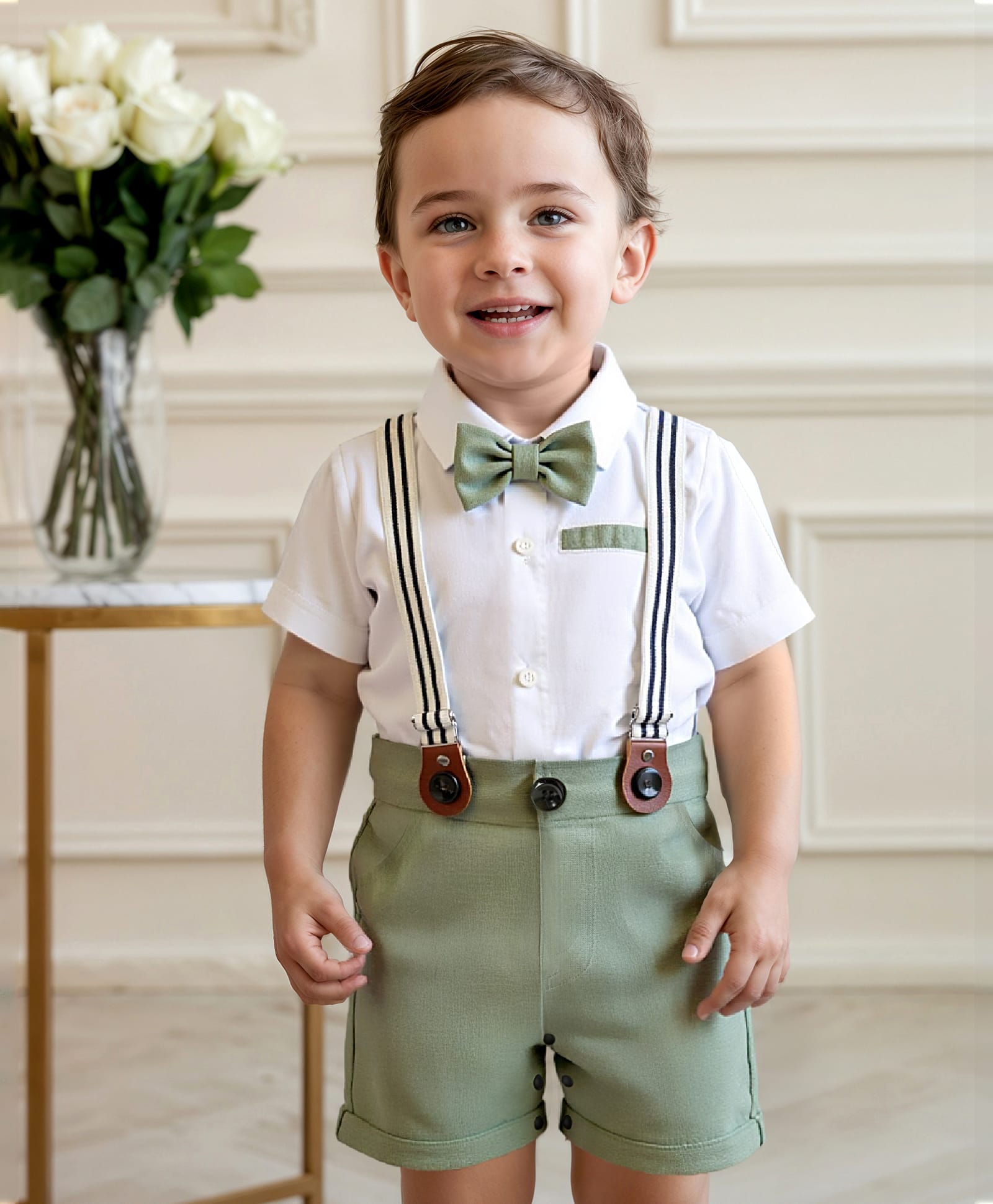 Mark & Mia Cotton Knit Half Sleeves Solid Color Party Romper With Bow & Suspenders - White & Green-picture-25