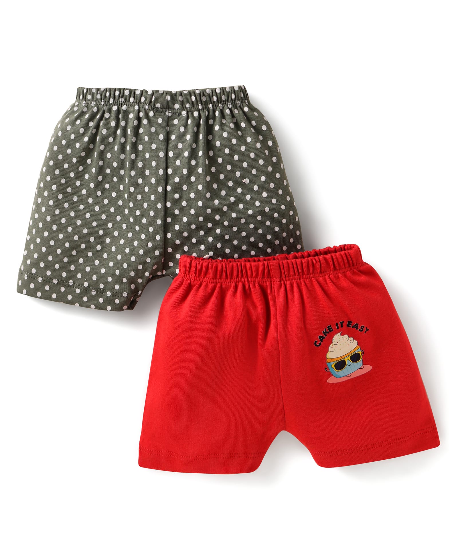 Ben Benny 100% Cotton Knit Above Knee Length Shorts with Cake & Polka Dots Print Pack of 2 - Red & Grey-picture-23