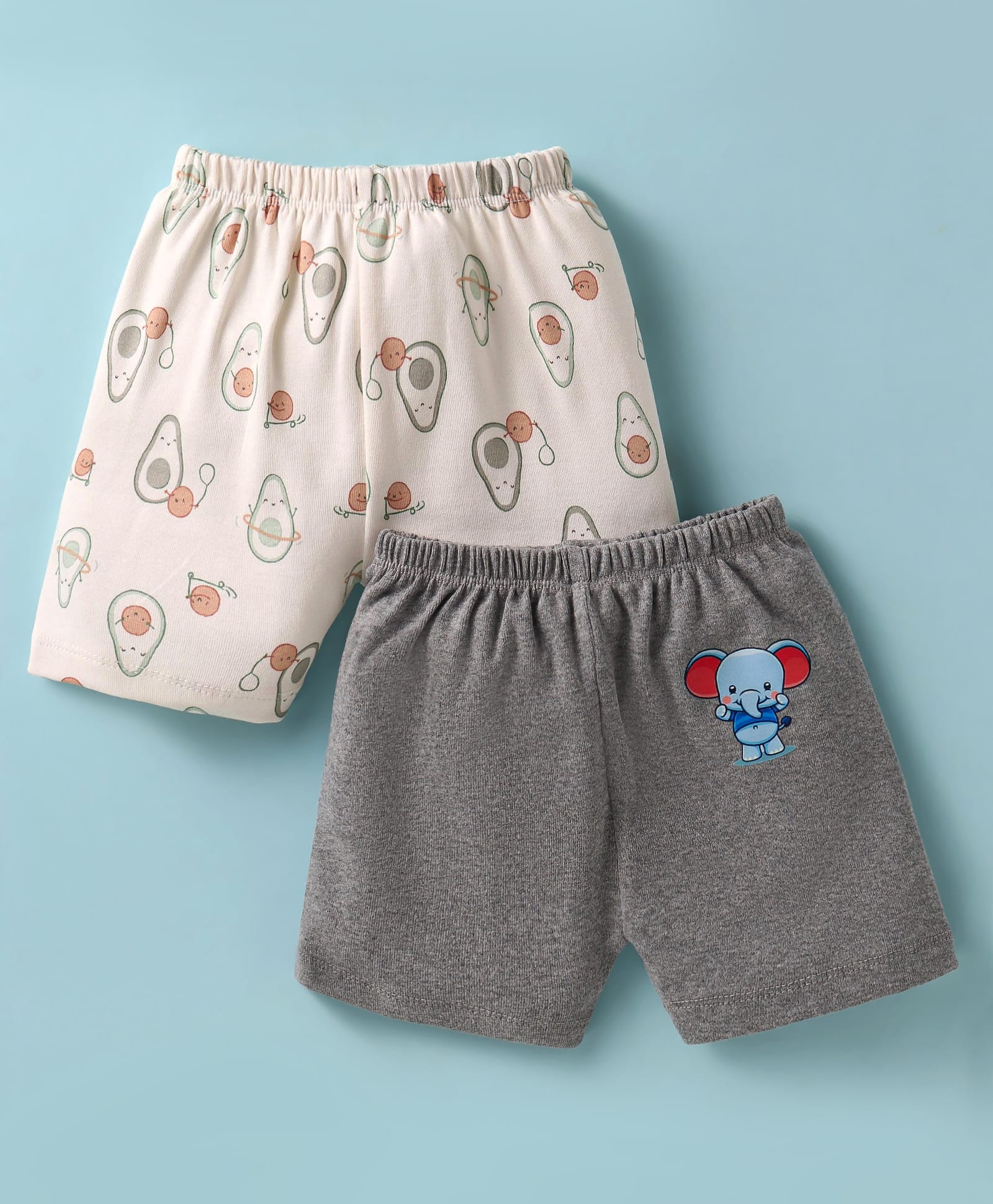 Ben Benny 100% Cotton Knit Above Knee Length Shorts with Avocado & Elephant Print Pack of 2 - Cream & Grey-picture-15