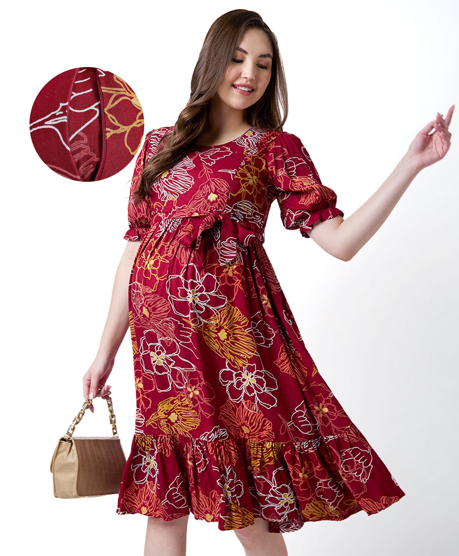 Bella Mama Women Short Sleeves Floral Printed Maternity Dress with Pocket - Maroon-image-32