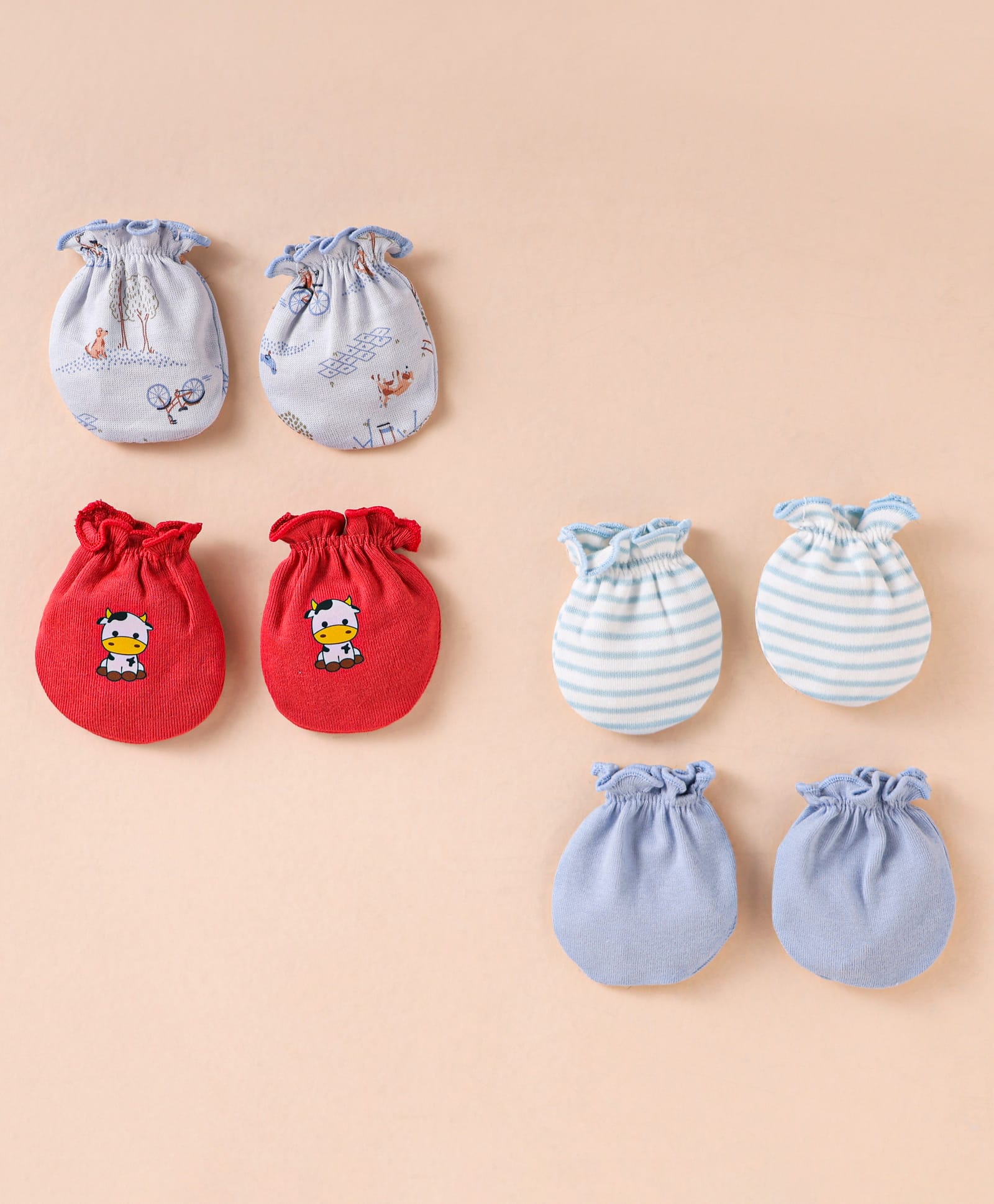 Ben Benny 100% Cotton Knit Mittens with Solid Stripe & Animal Print Pack of 4 - Red Grey & Light Blue-image-20