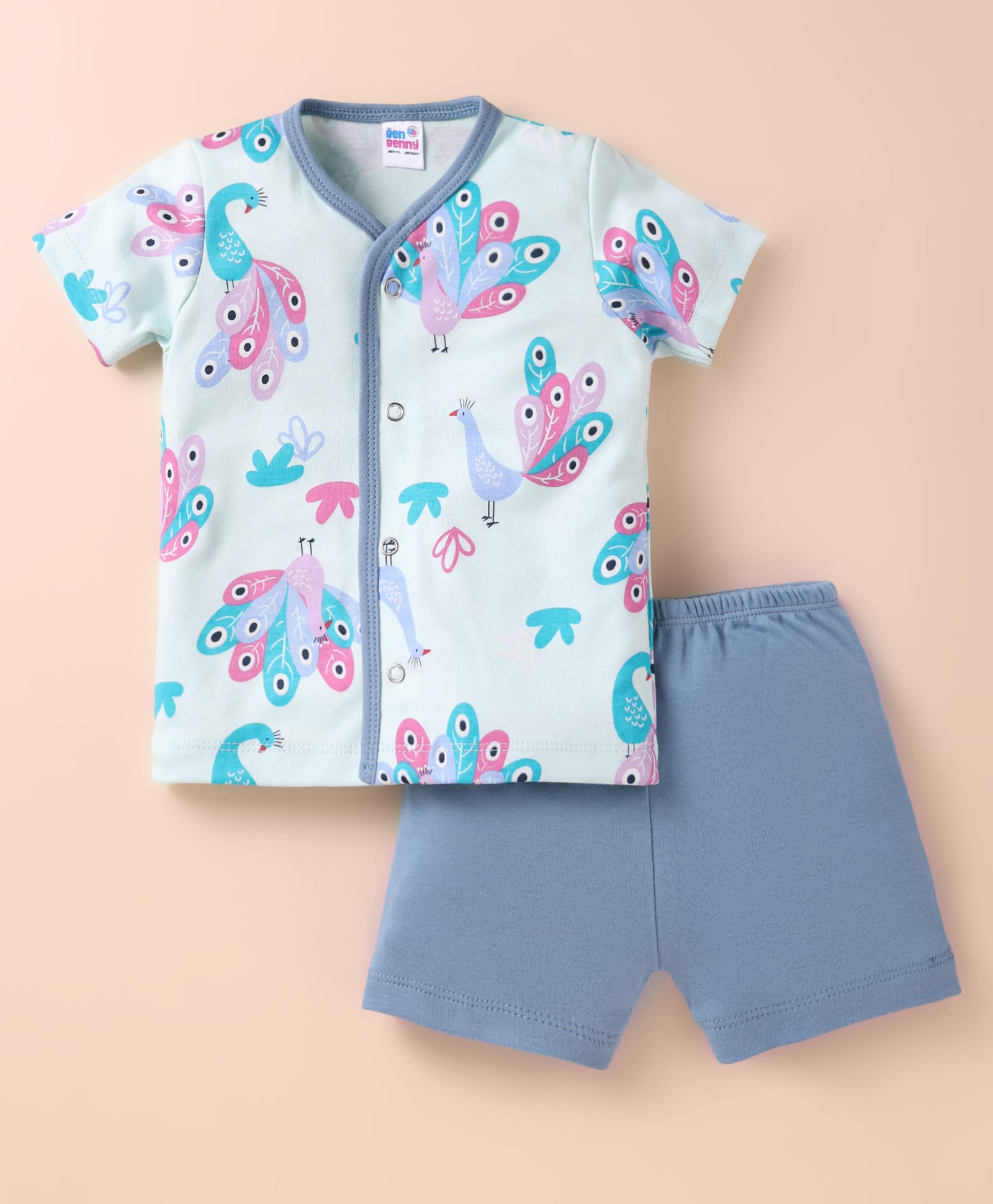Ben Benny 100% Cotton Knit Half Sleeves Front Open Shorts Nightsuit with Peacock Print - Light Blue-image-29