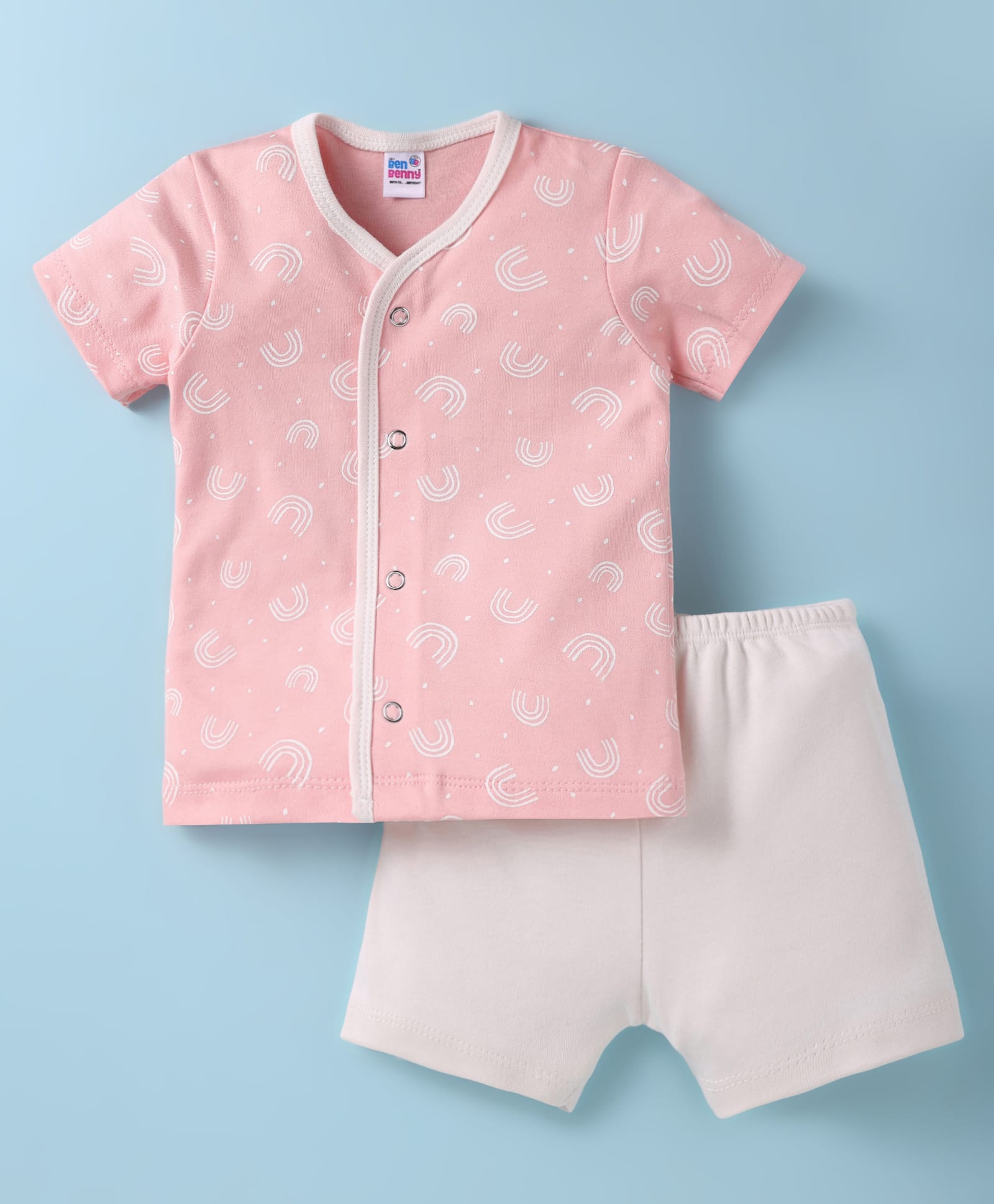 Ben Benny 100% Cotton Knit Half Sleeves Front Open Shorts Nightsuit with Rainbow Print - Pink-image-48