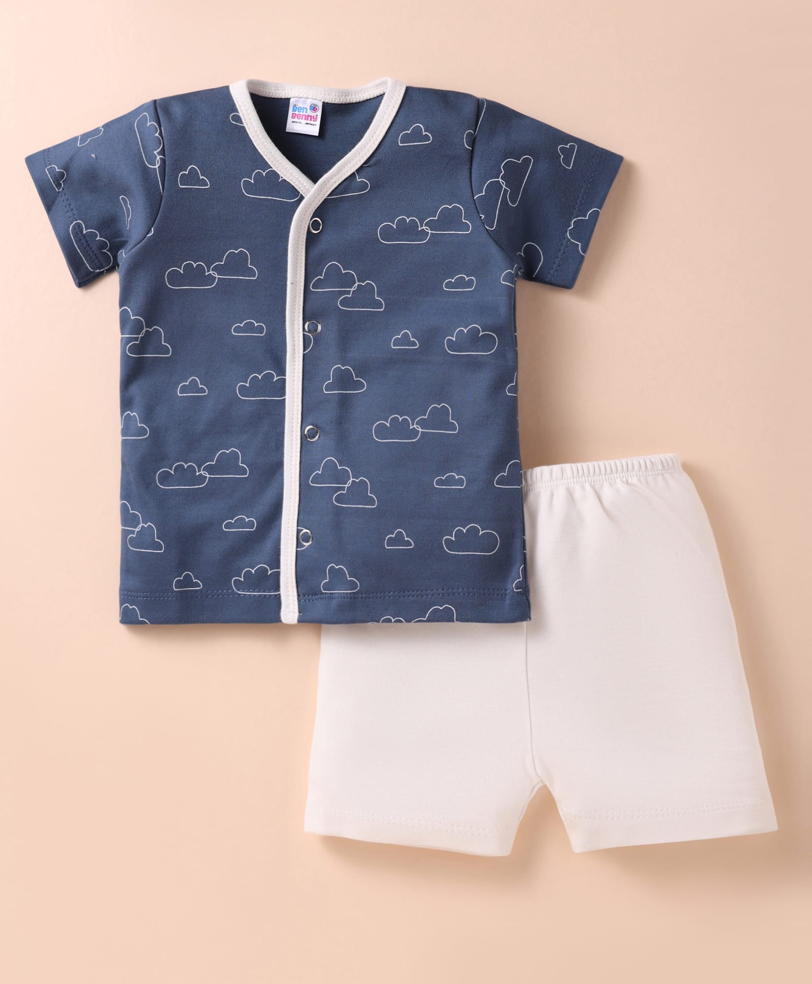 Ben Benny 100% Cotton Knit Half Sleeves Front Open Shorts Nightsuit with Cloud Print - Navy Blue-image-28