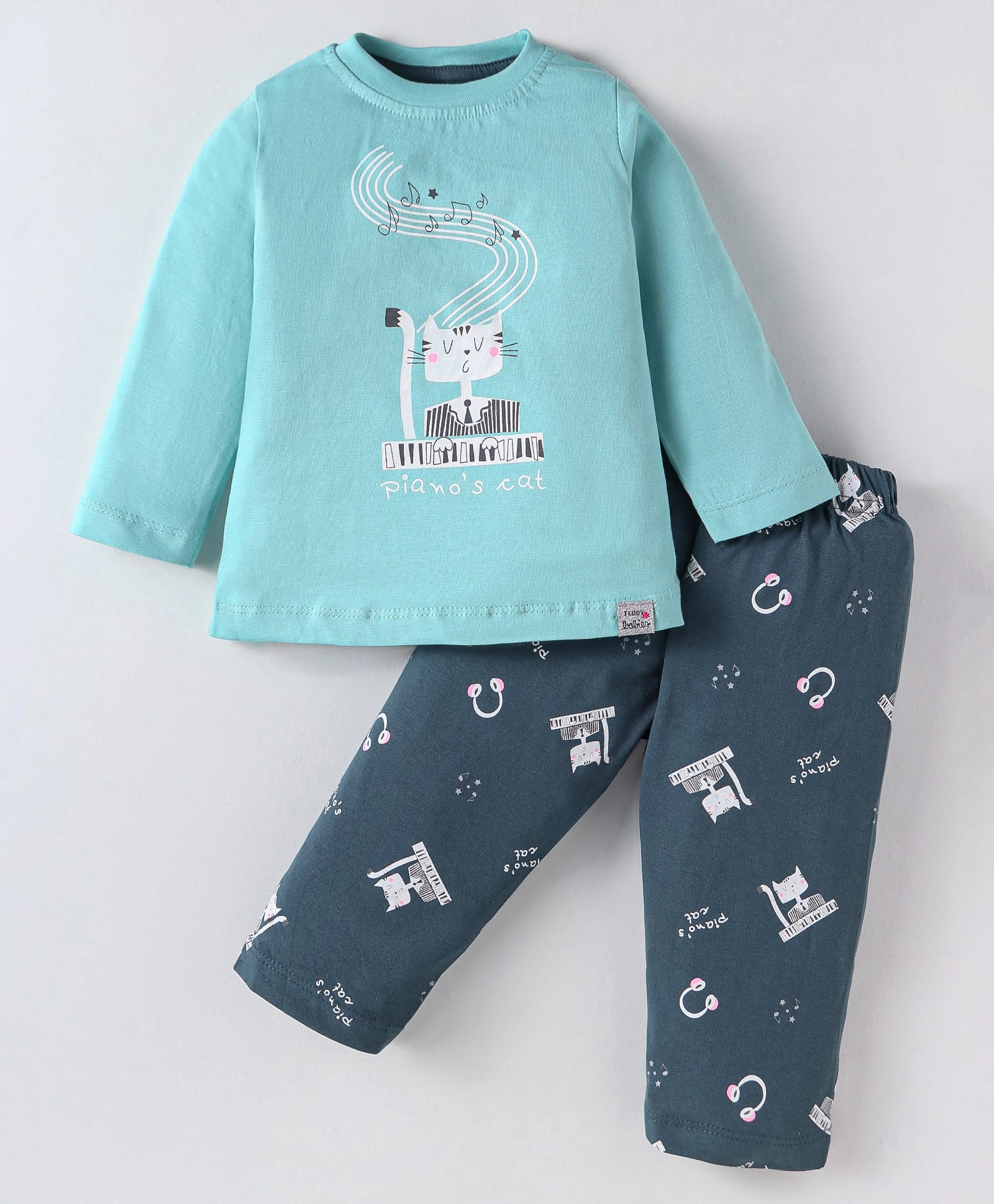 Teddy Sinker Knit Full Sleeves Night Suit with Kitty Print - Light Blue-picture-44