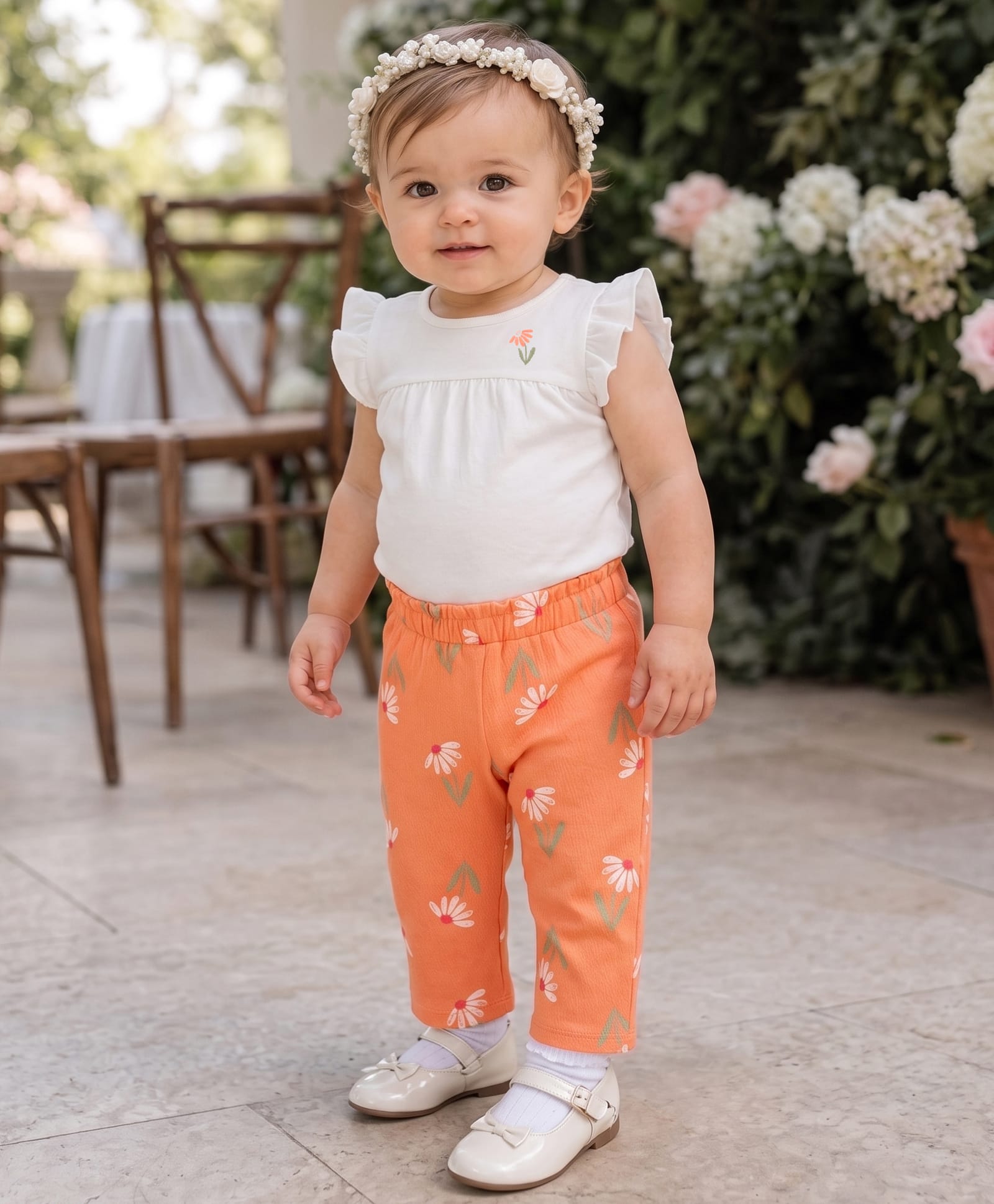 Carter's Knit Frill Sleeves Onesie with Legging & Floral Print - White & Orange-image-22