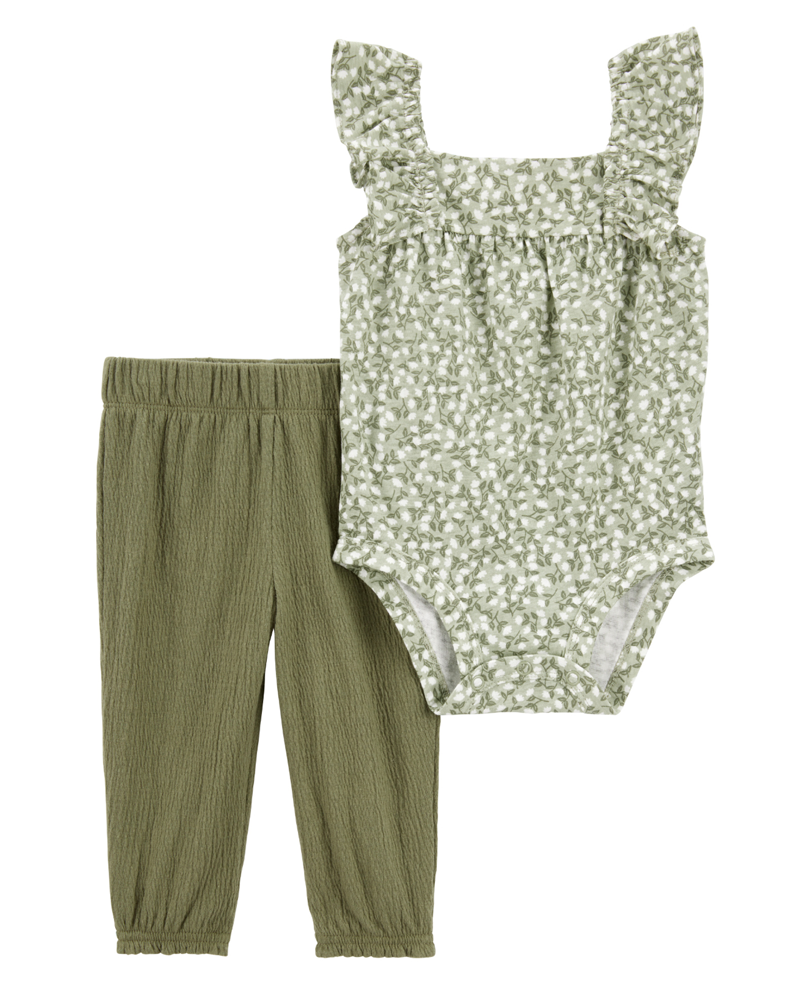 Carter's Knit Frill Sleeves Onesie with Leggings & Floral Print - Olive Green-image-46