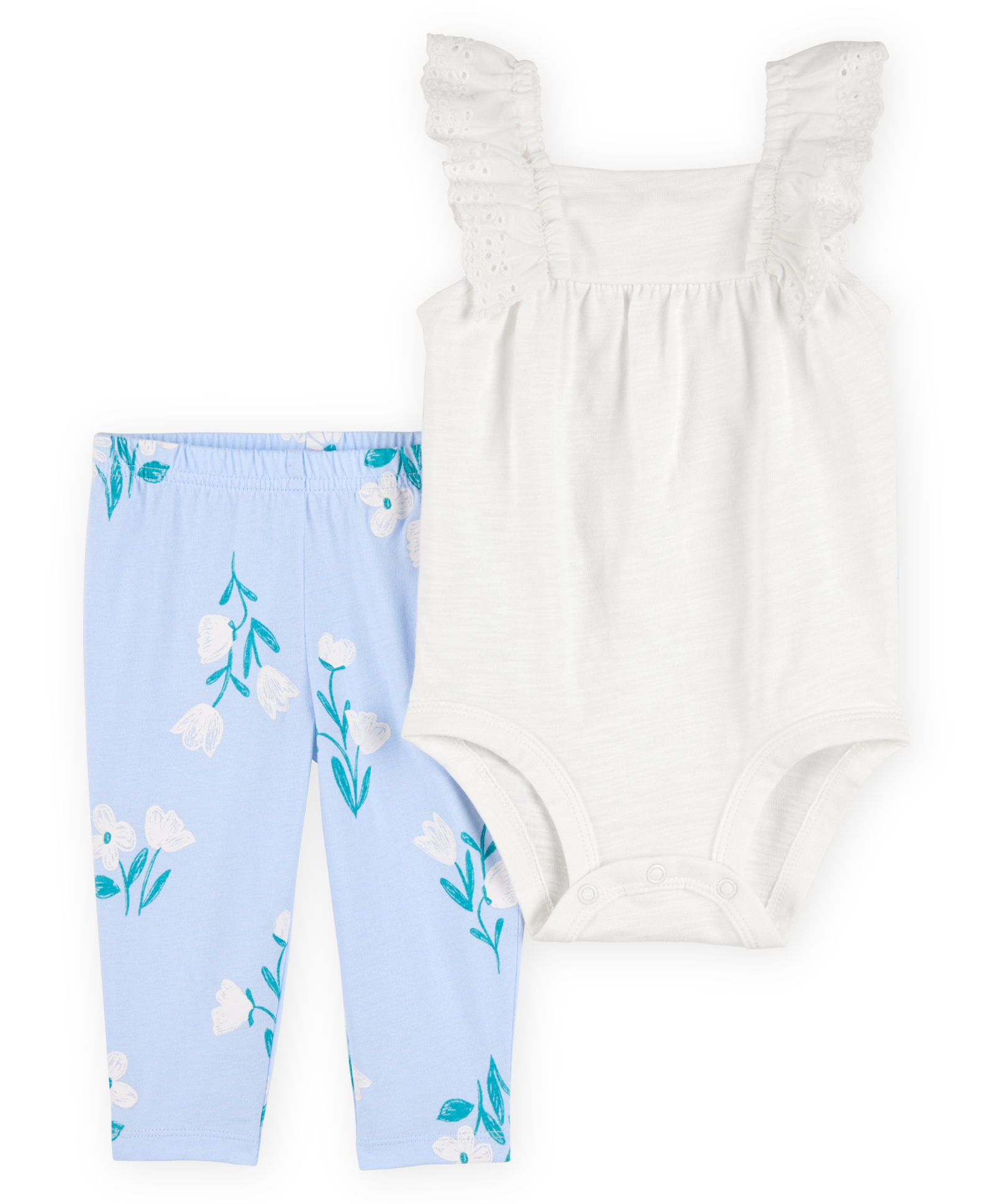 Carter's Knit Frill Sleeves Onesie with Leggings & Floral Print - Light Blue & White-image-33