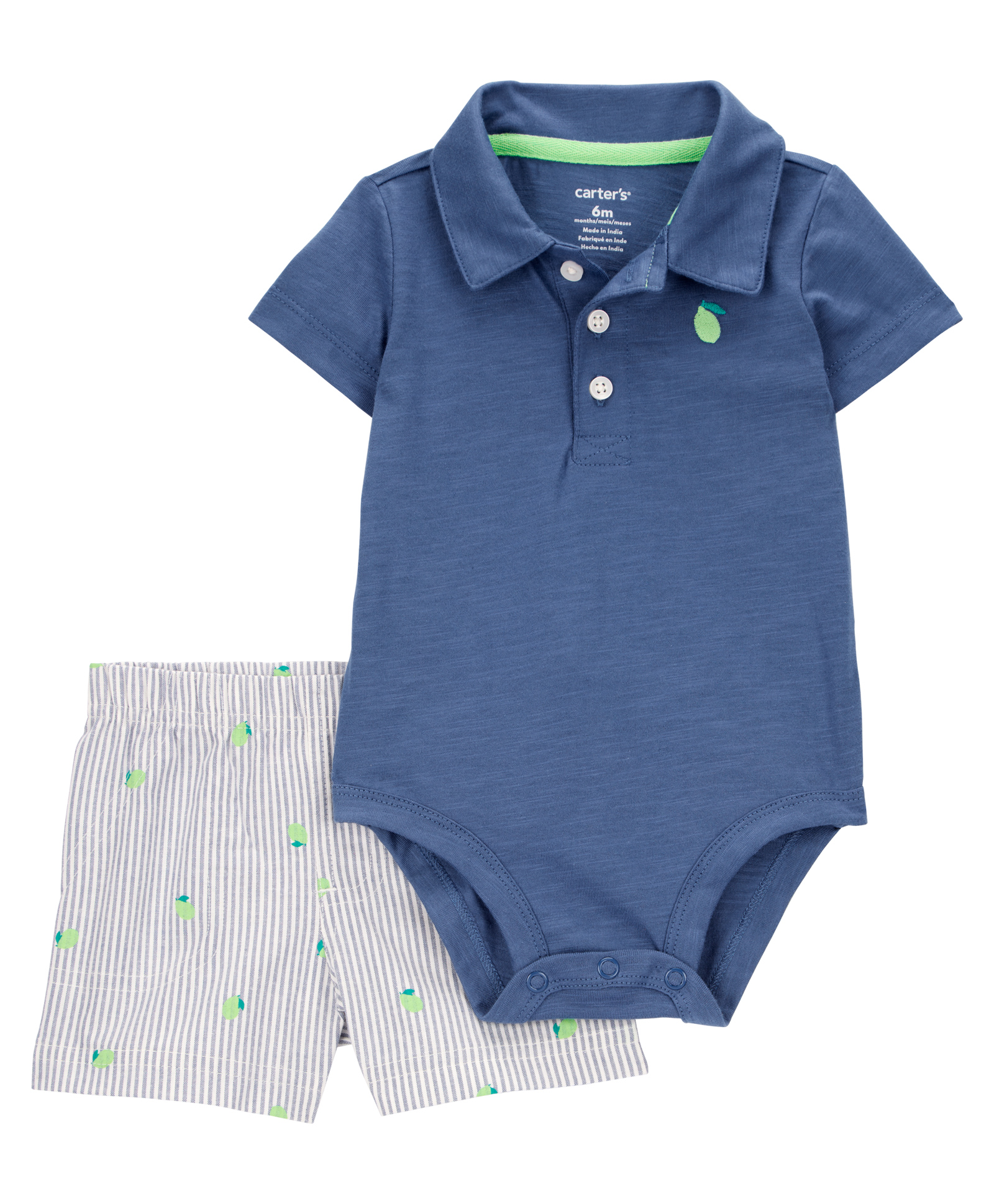 Carter's Cotton Knit Half Sleeves Onesie & Striped Shorts With Fruit Print - Blue-picture-21