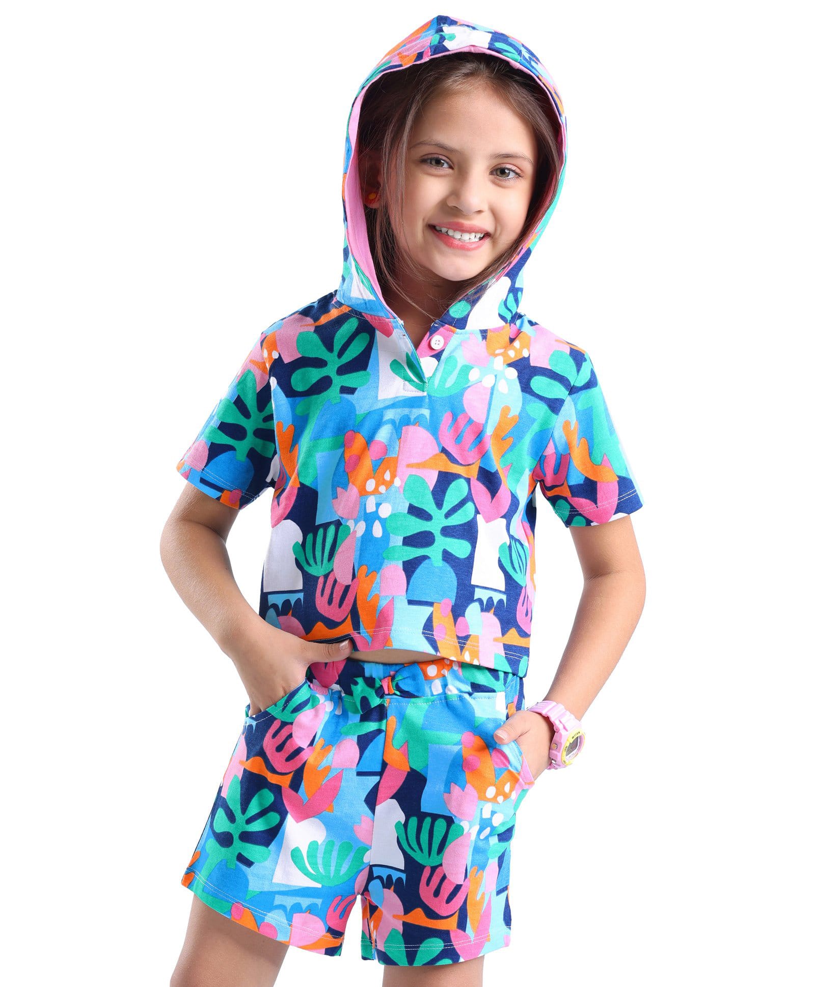 Babyhug Single Jersey Knit Half Sleeves Hooded T-Shirt & Shorts Set with Tropical Theme Print - Multicolor-picture-25