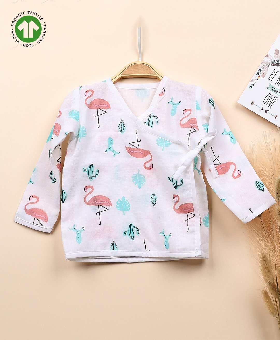 Mom's Home Muslin Organic Cotton Full Sleeves Flamingo Printed Jhabla - White & Pink-image-30