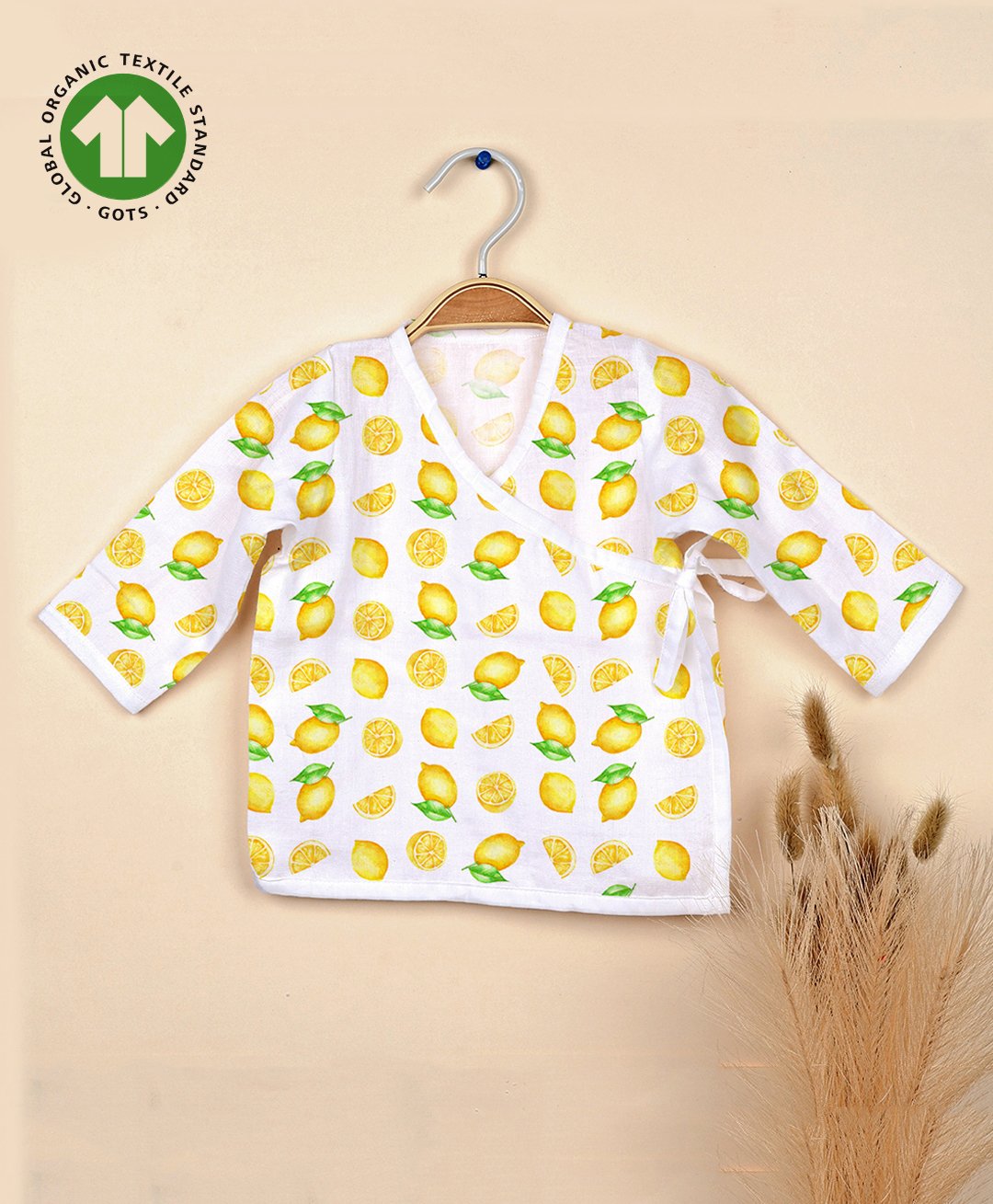 Mom's Home Muslin Organic Cotton Full Sleeves Lemons Printed Jhabla - White & Yellow-image-13