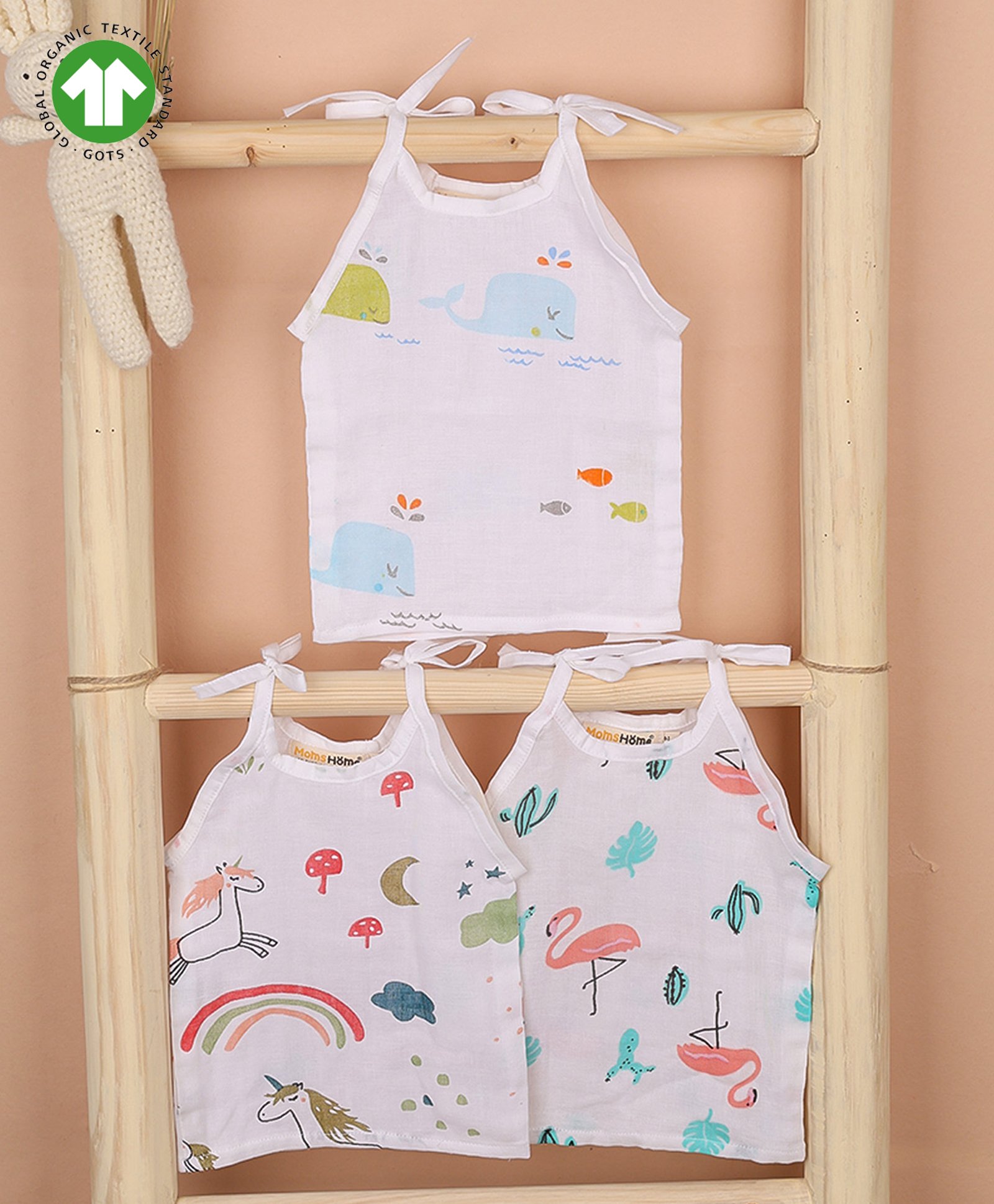 Mom's Home Muslin Organic Cotton Sleeveless Pack Of 3 Flamingo & Unicorn Printed Jhablas - White & Pink-image-36