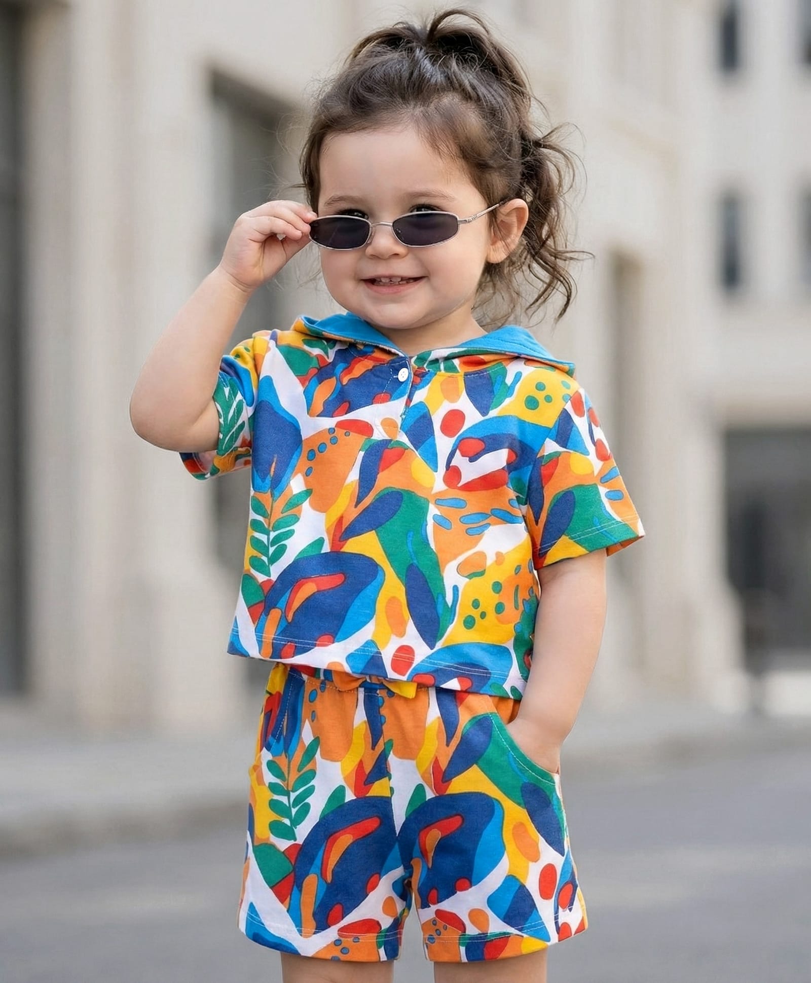 Babyhug Single Jersey Knit Half Sleeves Hooded T-Shirt & Shorts Set With Tropical Print - Yellow & Blue-image-35