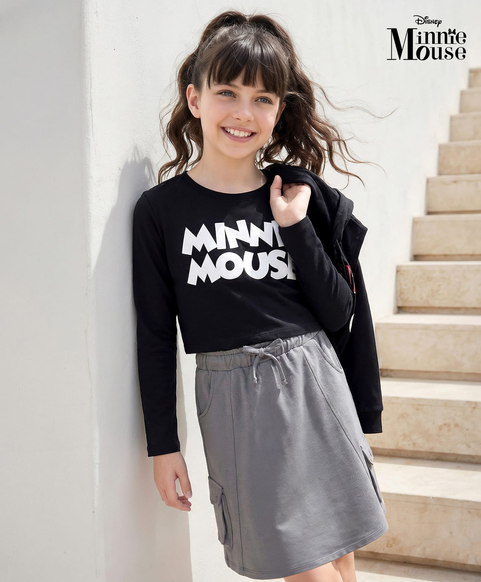 Ollington St. Disney Single Jersey Knit Full Sleeves T-Shirt & Skirt Set with Sleeveless Hoodie & Minnie Mouse Graphics - Black-image-2