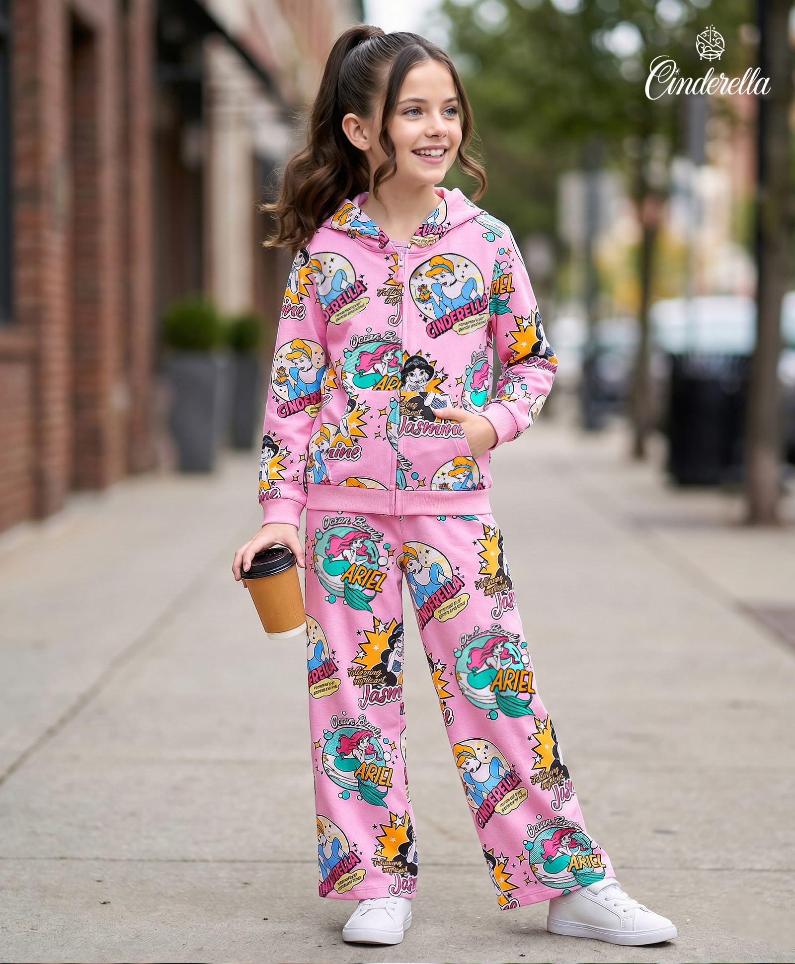 ollington st. disney Olington St.Disney Single Jersey Knit Full Sleeves Hooded Sweatshirt & Wide Leg Pant Set With Disney Princess Print - Pink-picture-22