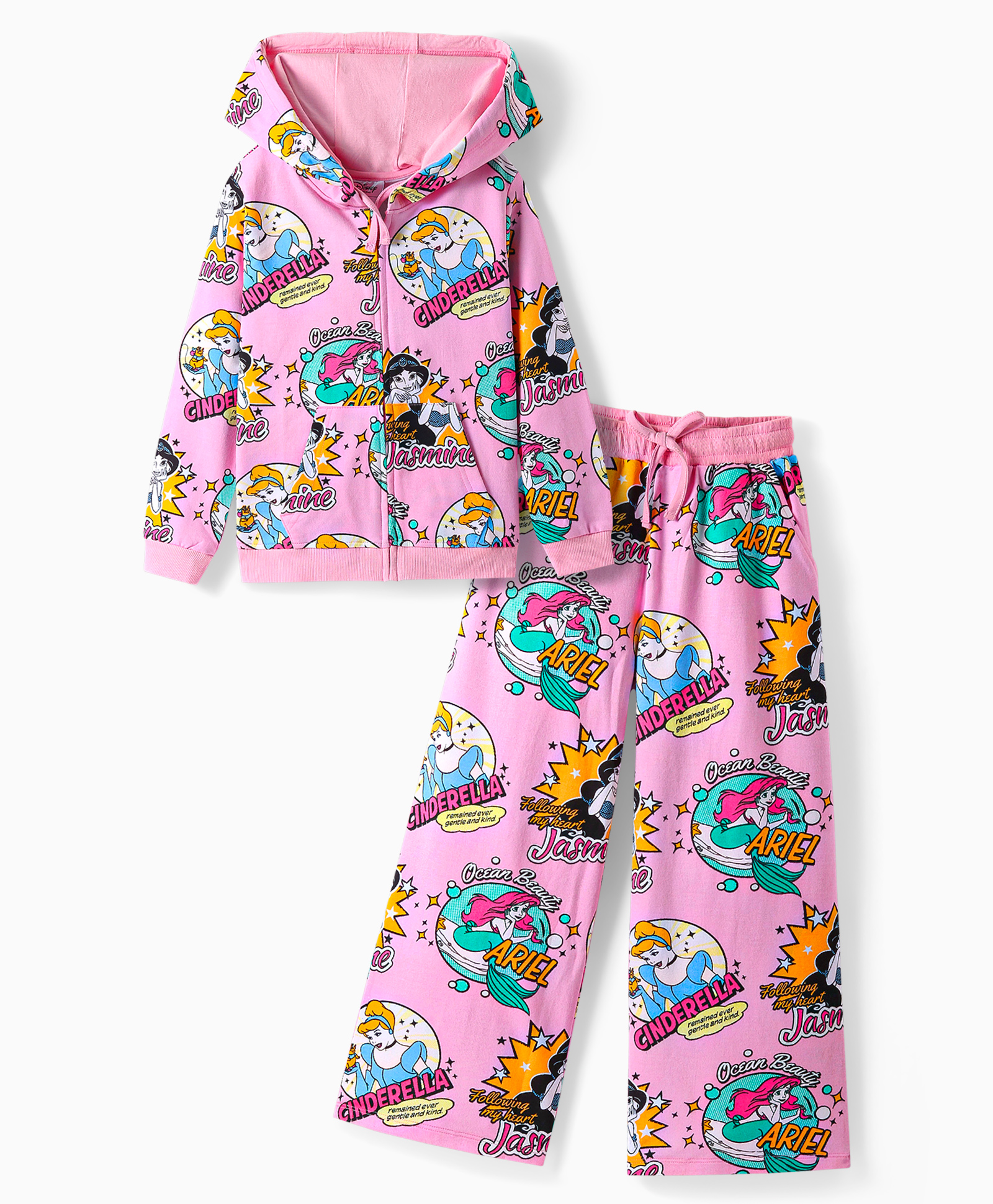 ollington st. disney Olington St.Disney Single Jersey Knit Full Sleeves Hooded Sweatshirt & Wide Leg Pant Set With Disney Princess Print - Pink-picture-17