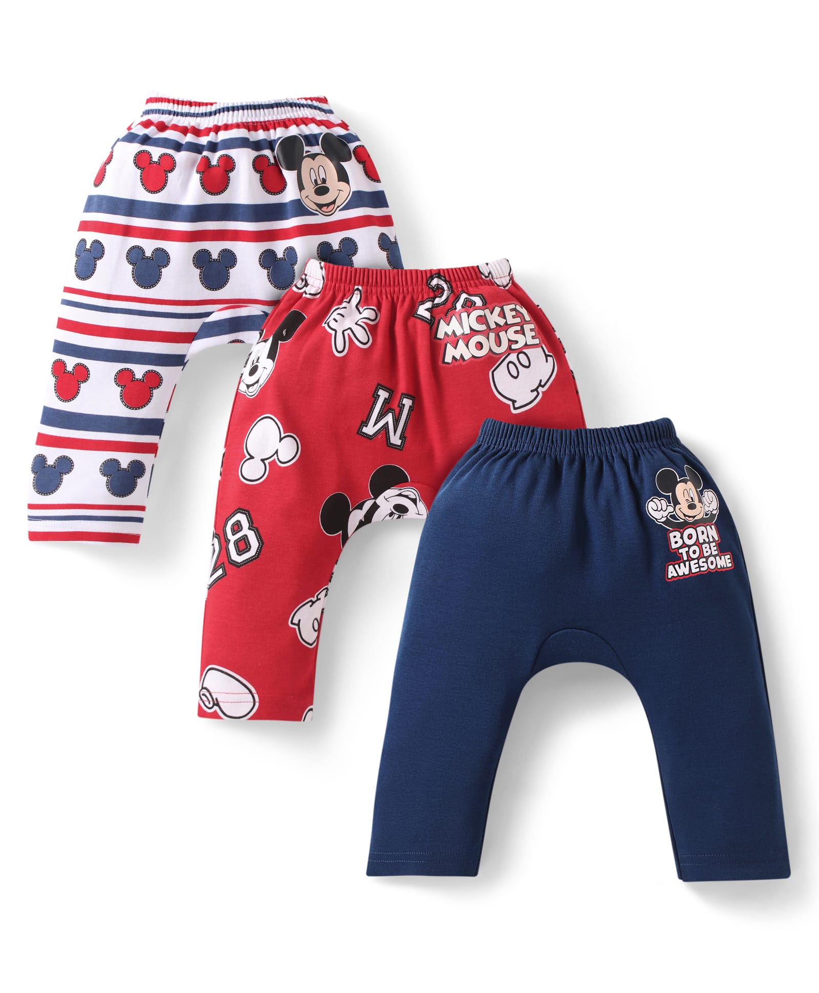 Babyhug Disney Interlock Knit Ankle Length Diaper Leggings with Mickey Mouse & Graphics Pack of 3 - Navy Blue Red White-image-35