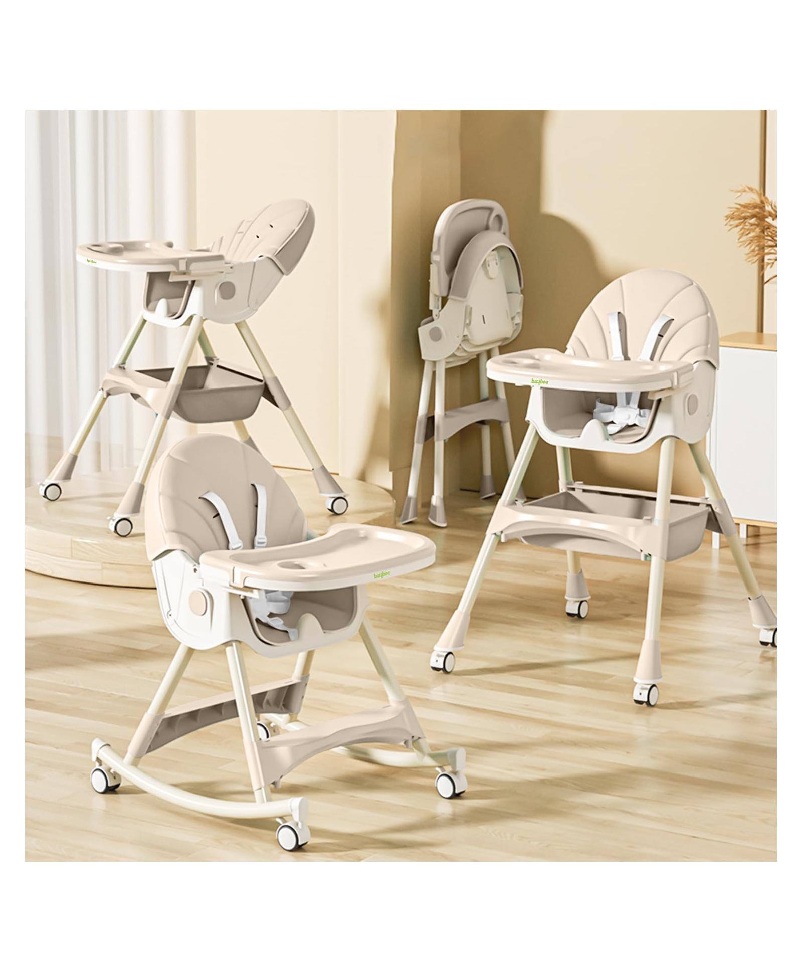 Baybee Liora 4 in 1 High Chair for Baby with Recliner & Convertible Rocking Chair | Kids Toddler Feeding Booster Seat with Tray, Wheels & Safety Belt | Baby Feeding Chairs (Beige)-image-35