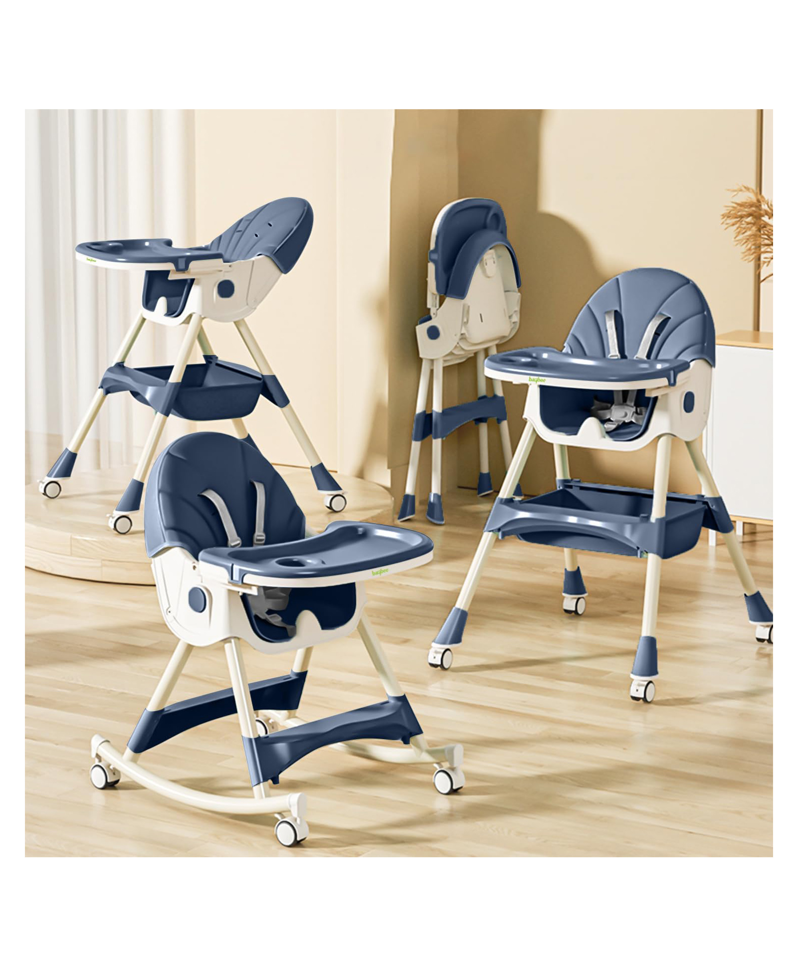 Baybee Liora 4 in 1 High Chair for Baby with Recliner & Convertible Rocking Chair | Kids Toddler Feeding Booster Seat with Tray, Wheels & Safety Belt | Baby Feeding Chairs (Blue)-image-47
