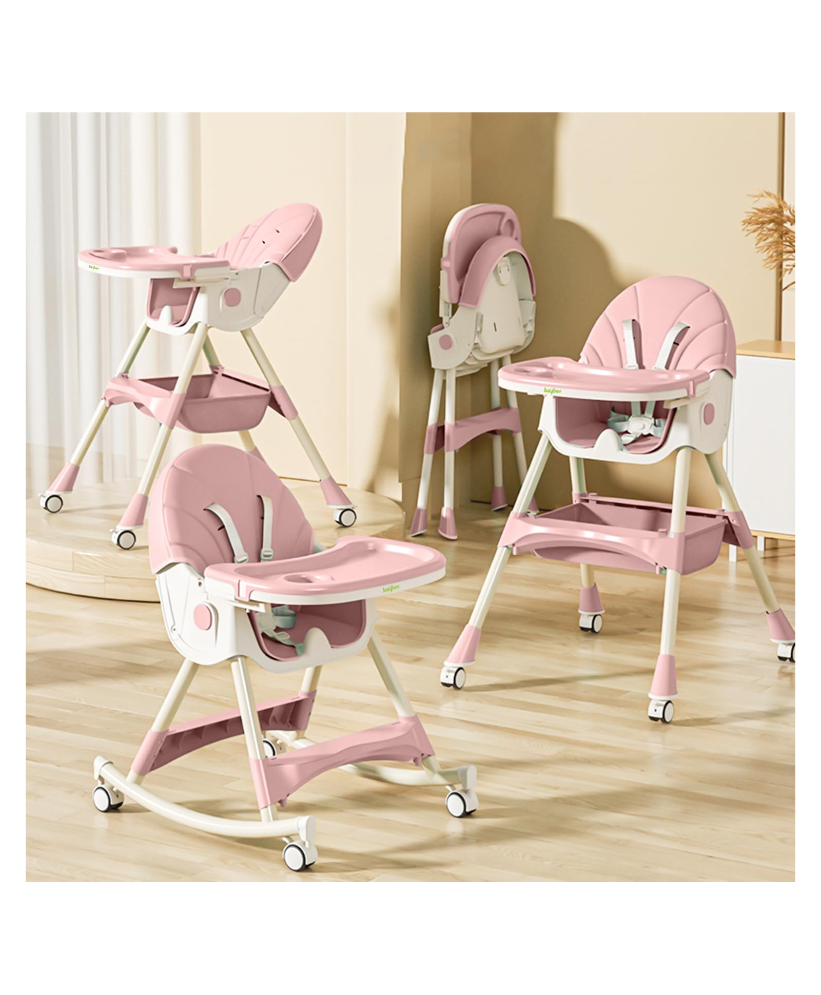 Baybee Liora 4 in 1 High Chair for Baby with Recliner & Convertible Rocking Chair | Kids Toddler Feeding Booster Seat with Tray, Wheels & Safety Belt | Baby Feeding Chairs (Pink)-image-48