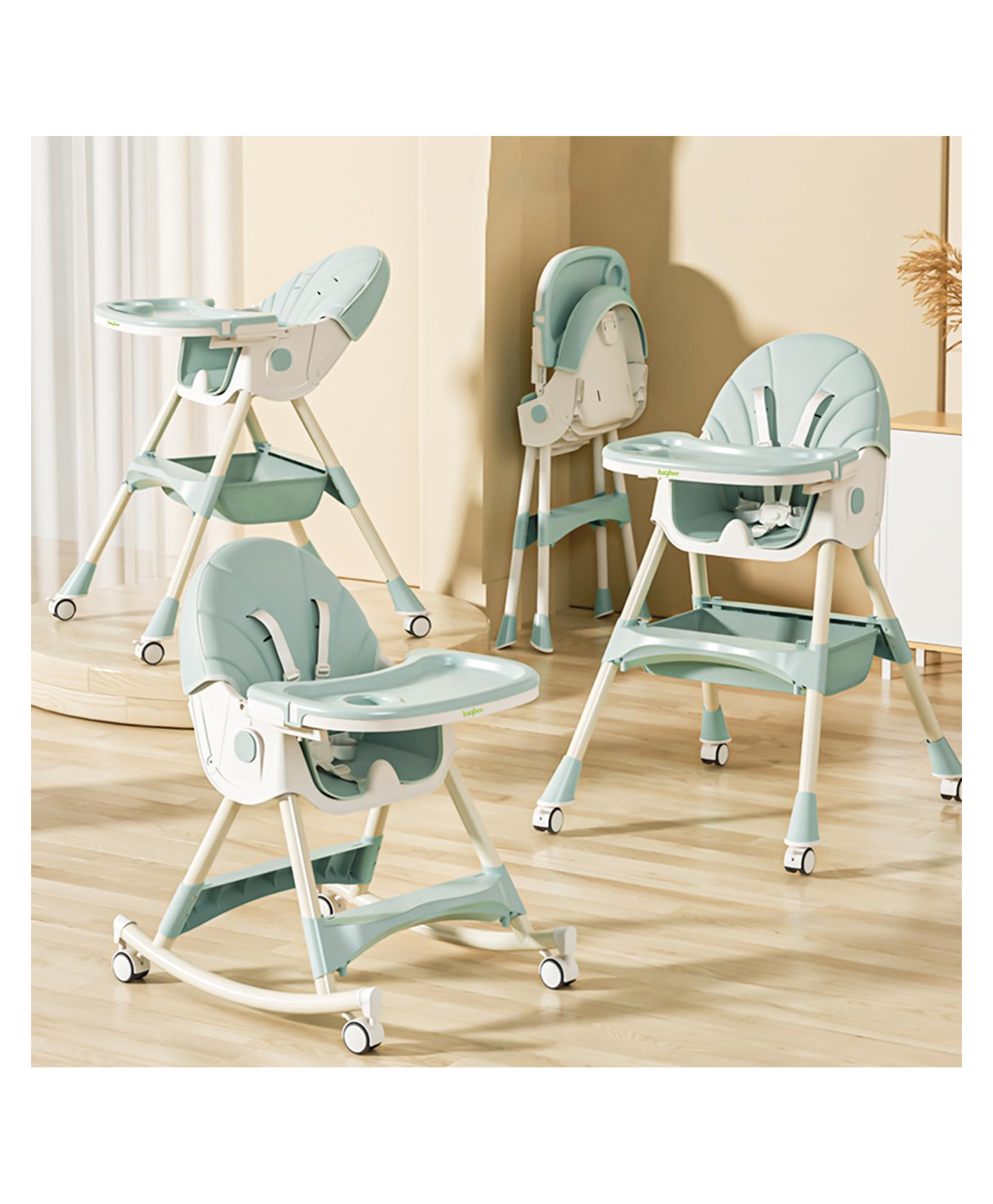 Baybee Liora 4 in 1 High Chair for Baby with Recliner & Convertible Rocking Chair | Kids Toddler Feeding Booster Seat with Tray, Wheels & Safety Belt | Baby Feeding Chairs (Green)-image-45