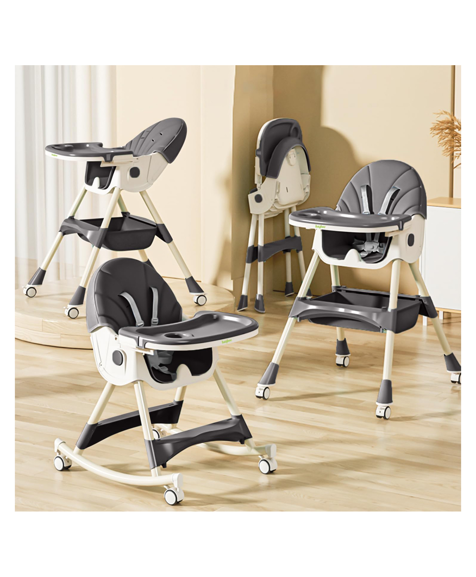Baybee Liora 4 in 1 High Chair for Baby with Recliner & Convertible Rocking Chair | Kids Toddler Feeding Booster Seat with Tray, Wheels & Safety Belt | Baby Feeding Chairs (Grey)-image-28