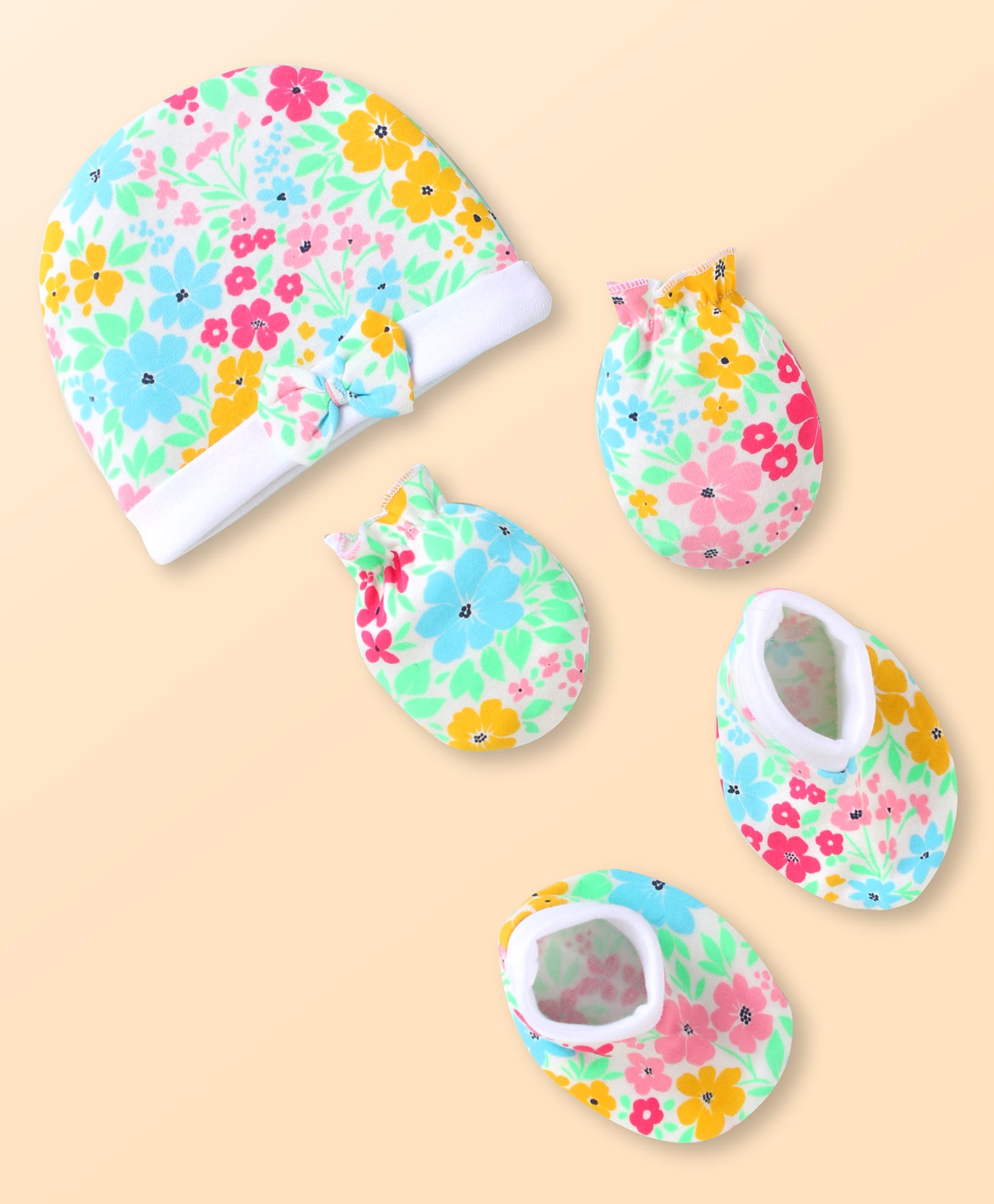Babyhug 100% Cotton Knit Cap Mittens & Booties with Floral Print - Sky Blue-image-3