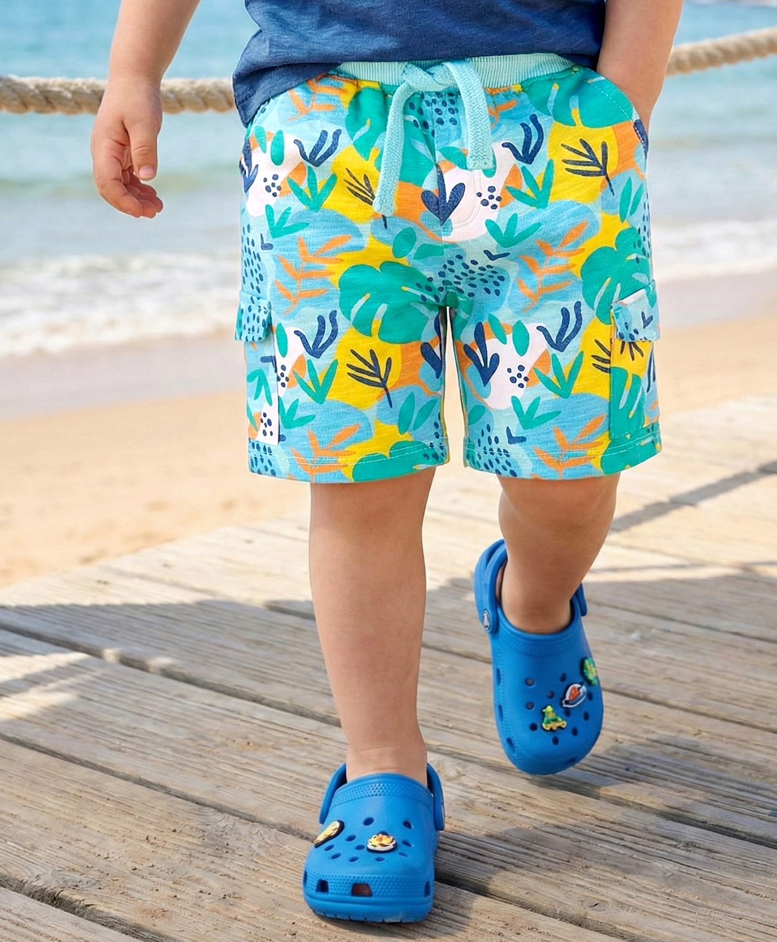 Babyhug Terry Knit Mid Thigh Length Shorts with Tropical Theme Print - Aqua Blue-picture-12