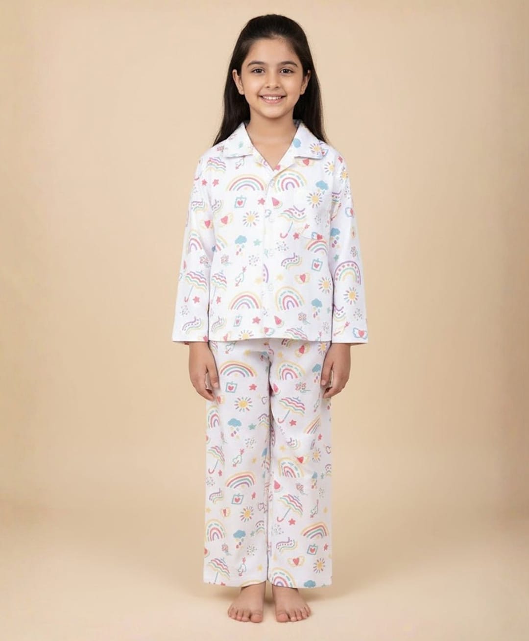 The Mom Store Cotton Knit Full Sleeves Rainbows & Hearts Printed Coordinating Shirt & Pajama Set - White-picture-18