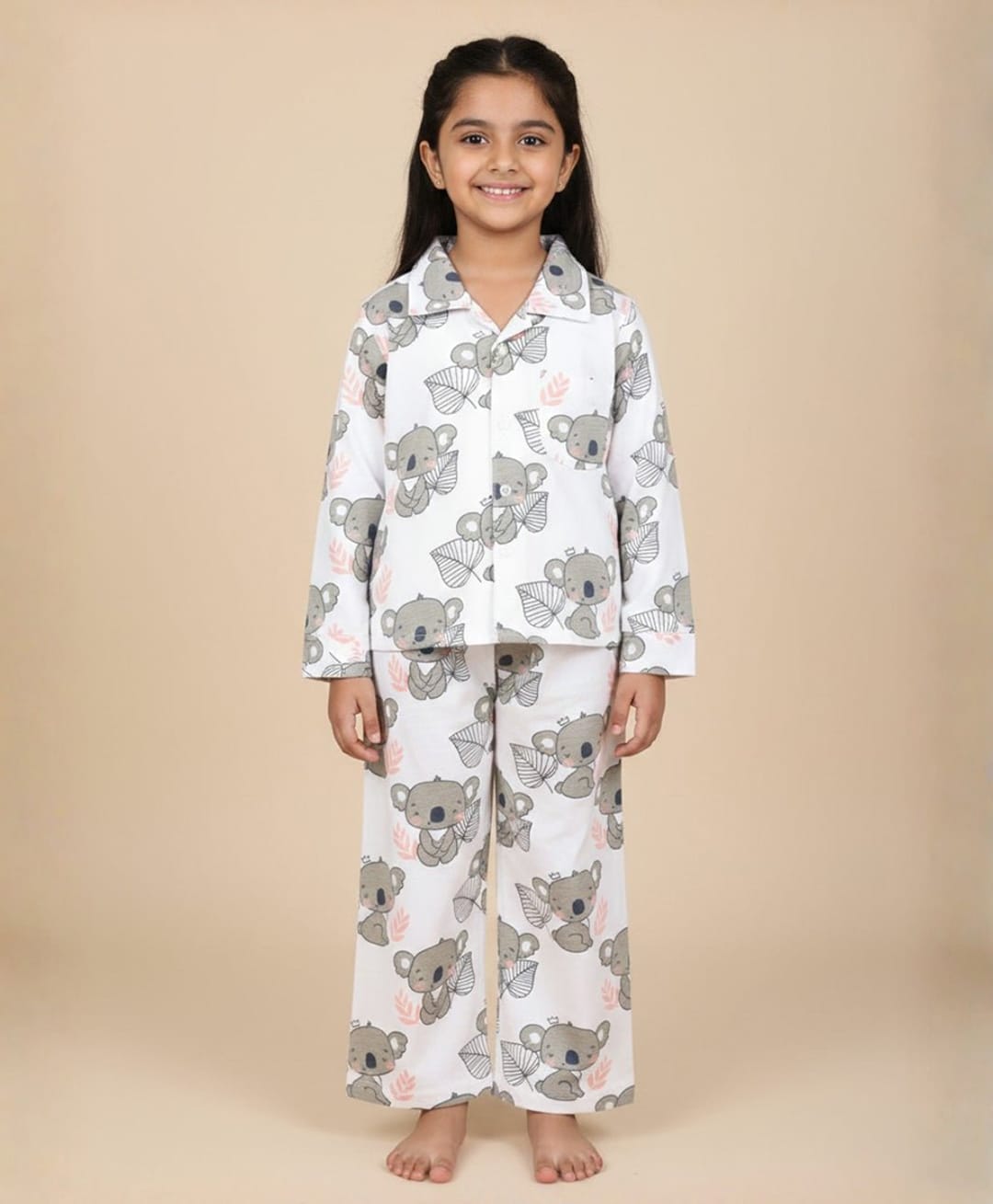 The Mom Store Cotton Knit Full Sleeves Koalas Printed Coordinating Shirt & Pajama Set - White-picture-6