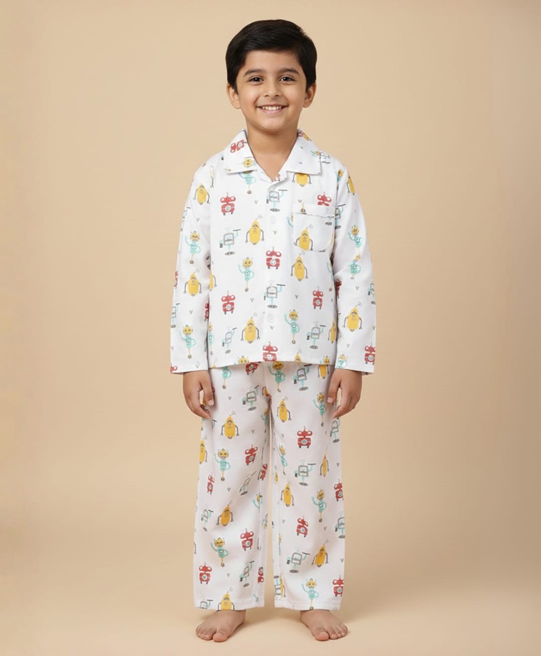The Mom Store Cotton Knit Full Sleeves Robots Printed Coordinating Shirt & Pajama Set - White-picture-34