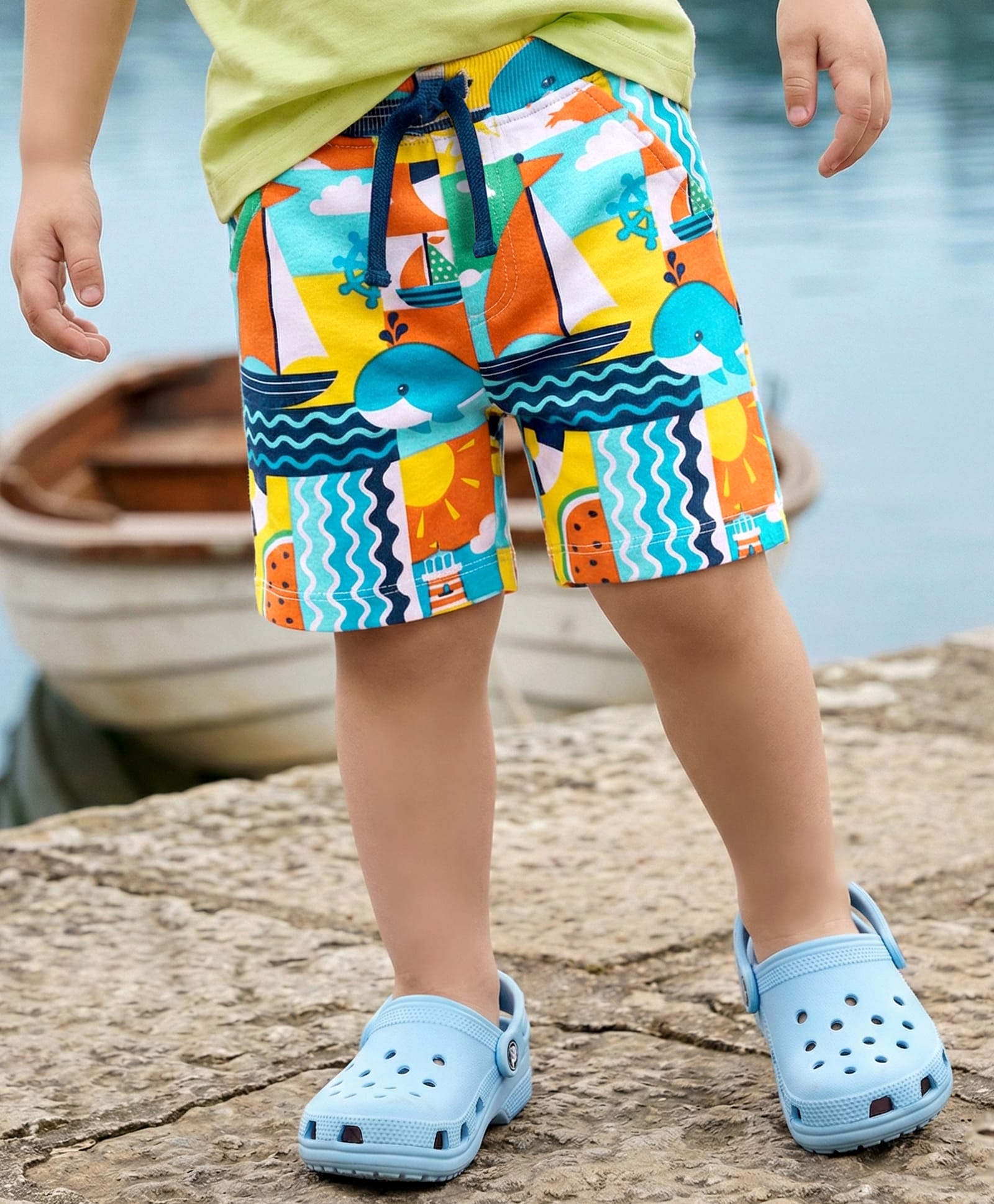 Babyhug Terry Knit Mid Thigh Shorts With Whale Print - Multicolor-picture-25