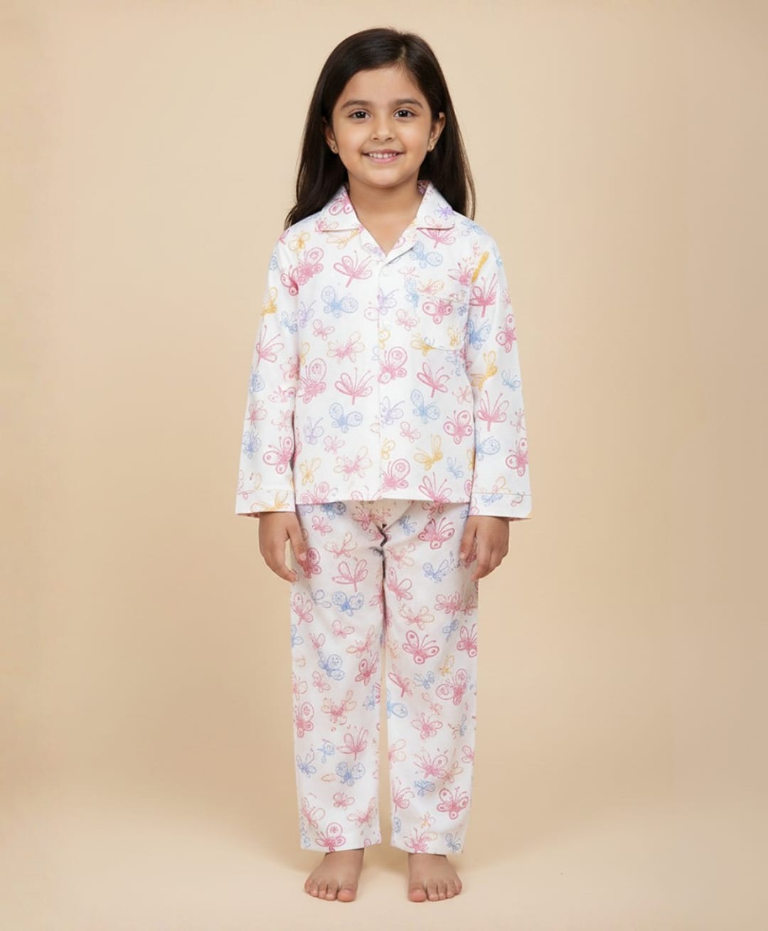 The Mom Store Cotton Knit Full Sleeves Butterflies Printed Coordinating Night Suit Set - White & Pink-image-49
