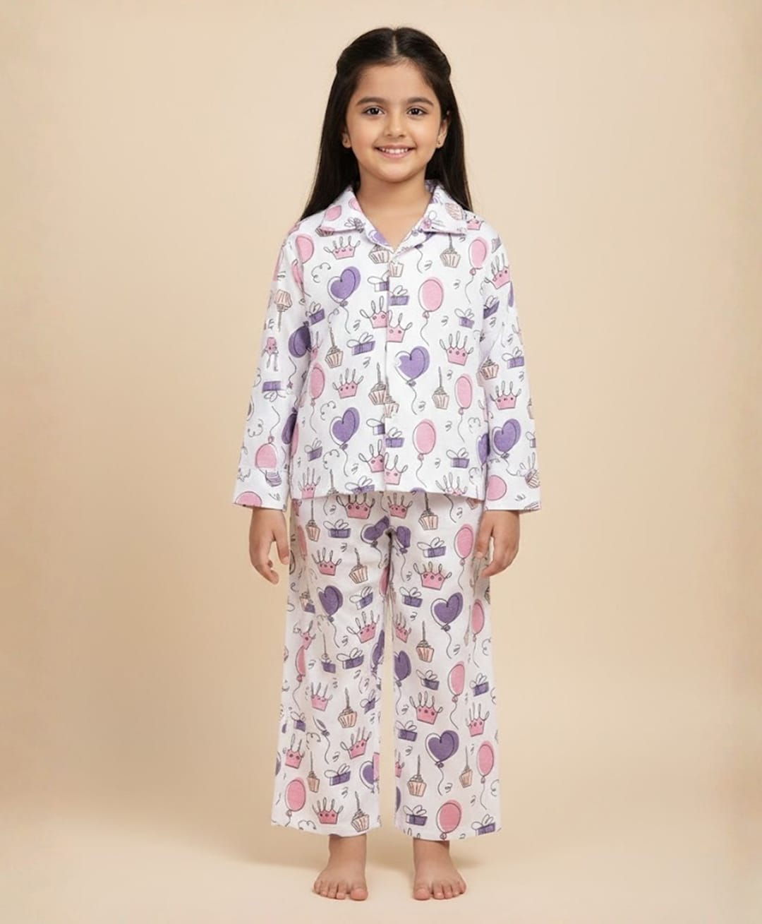 The Mom Store Cotton Knit Full Sleeves Balloons & Crown Printed Coordinating Night Suit Set - White & Pink-picture-35
