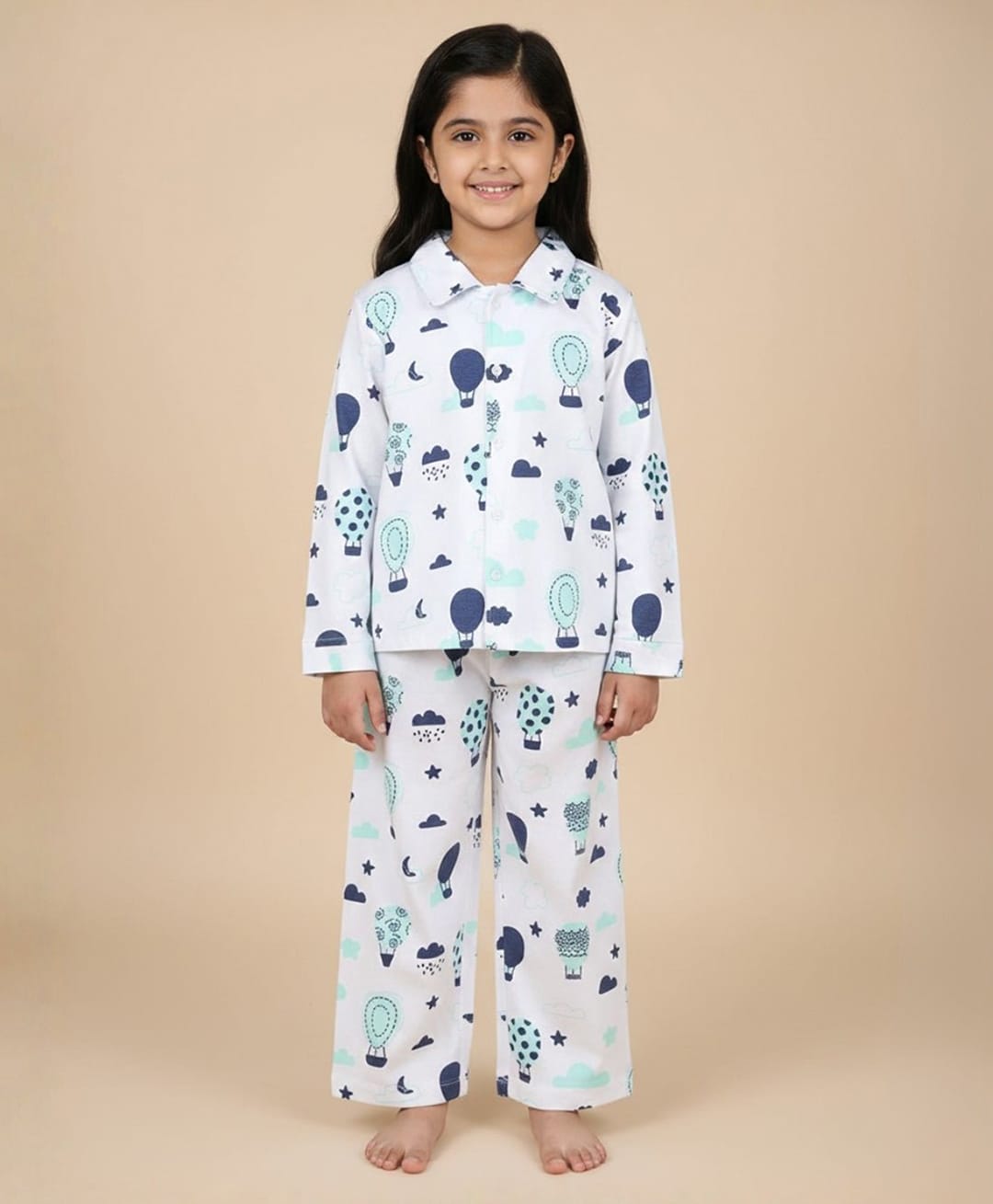 The Mom Store Cotton Knit Full Sleeves Hot Air Balloon Printed Coordinating Night Suit Set - White & Blue-image-35