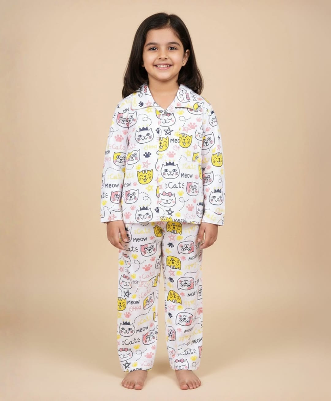 The Mom Store Cotton Knit Full Sleeves Meow Meow Printed Coordinating Night Suit Set - White-picture-3