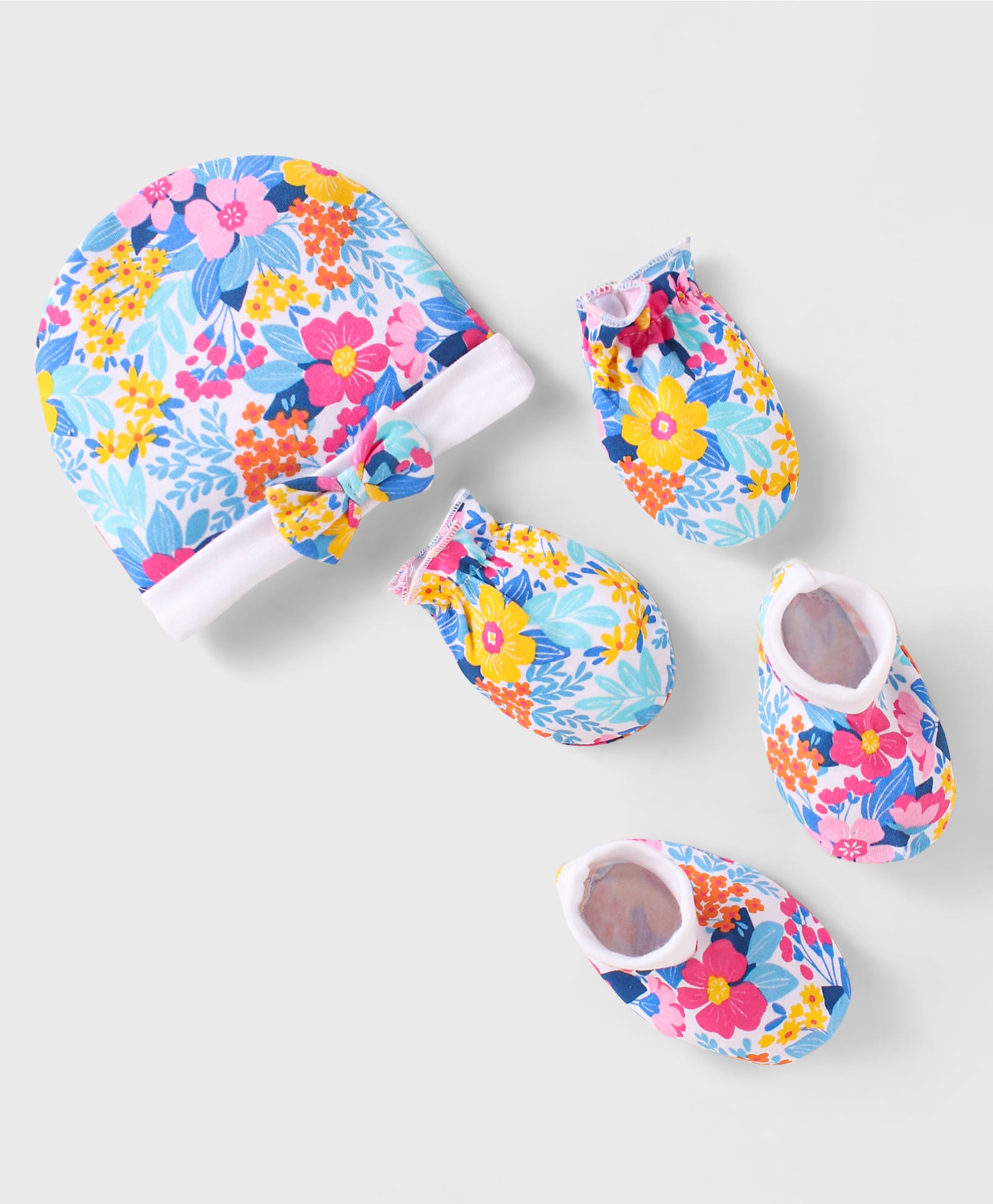Babyhug 100% Cotton Cap Mittens And Booties Floral Print with Bow Applique - Blue & Pink-image-28