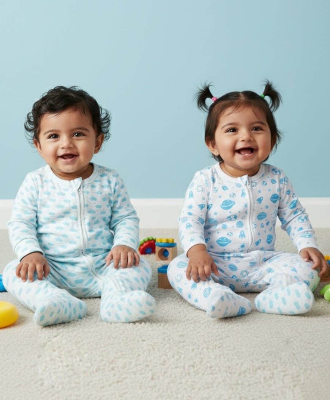 The Mom Store Pack Of 2 Cotton Full Sleeves Clouds & Space Theme Printed Rompers - White-picture-23