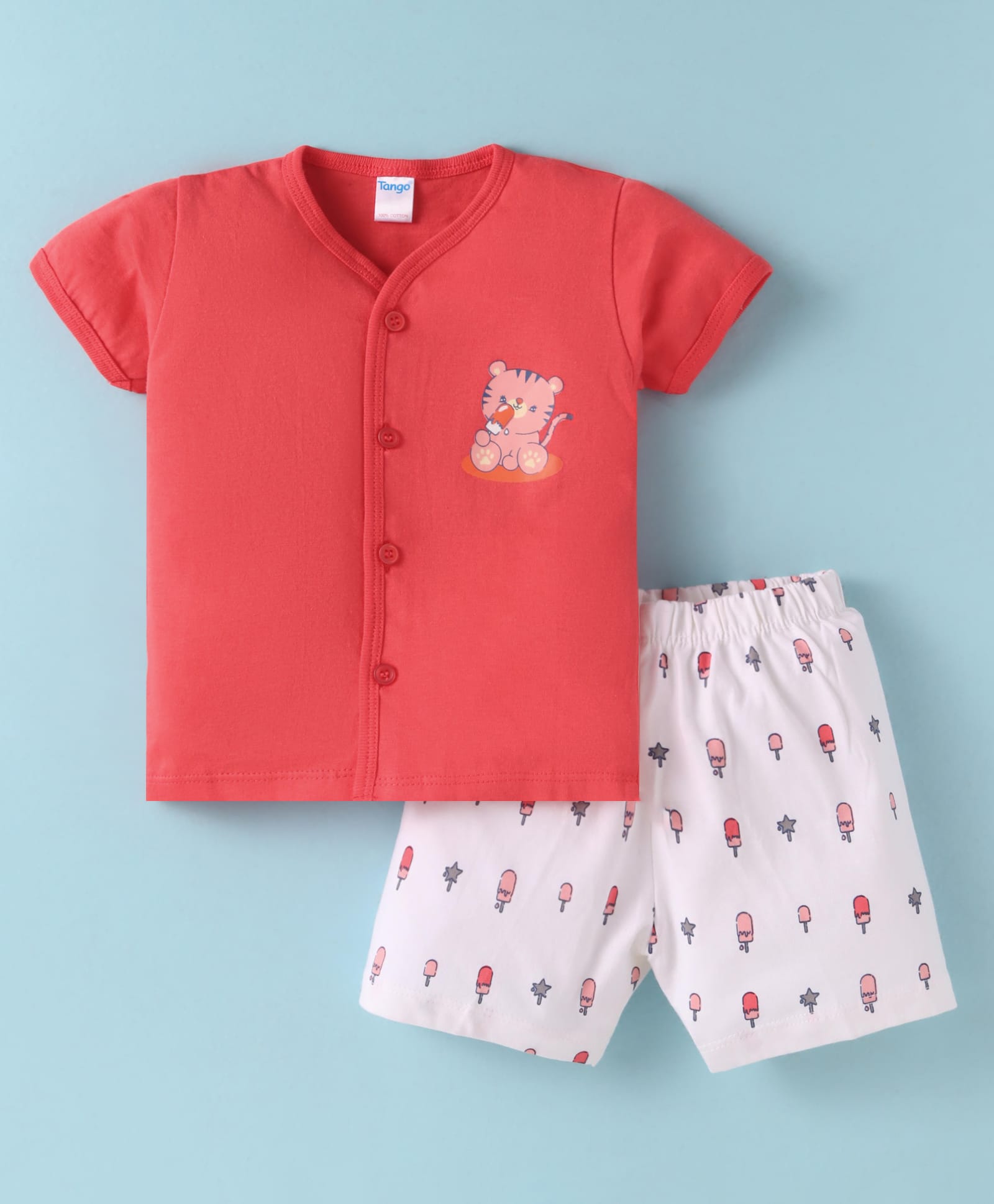 Tango Single Jersey Knit Half Sleeves Shorts Night Suit With Cat Print - Red & White-picture-49