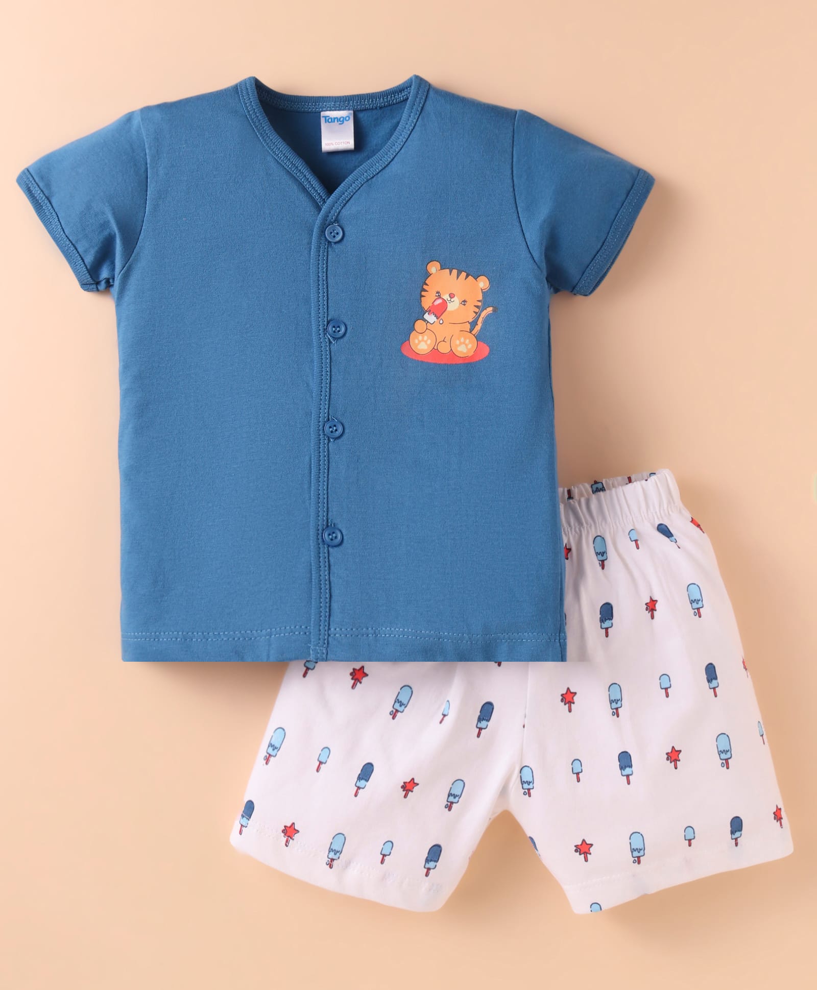 Tango Single Jersey Knit Half Sleeves Shorts Night Suit With Cat Print - Blue & White-image-12