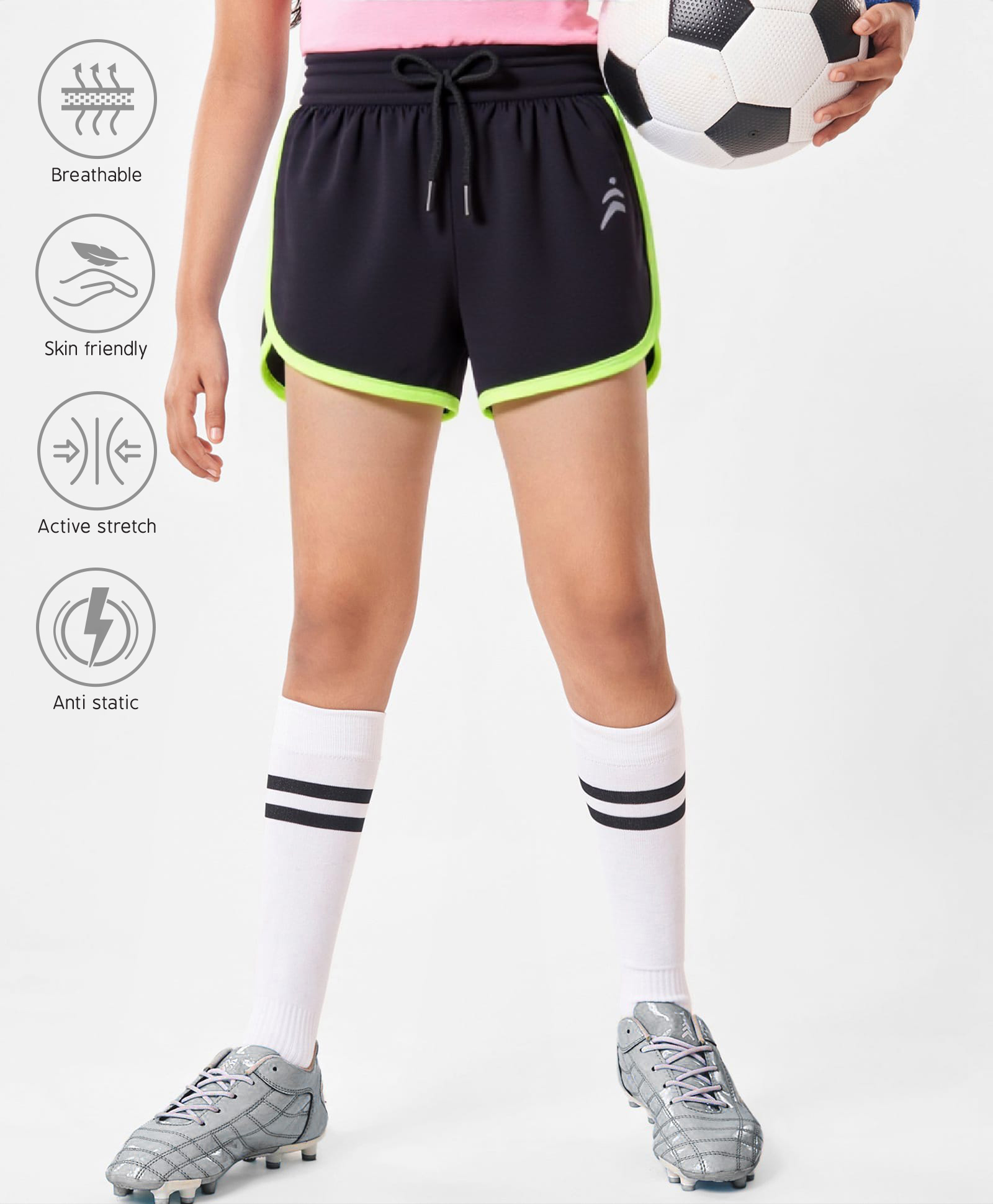 Pine Active Knit Above Knee Length Super Stretch Athletic Shorts with Brand Logo Print - Black