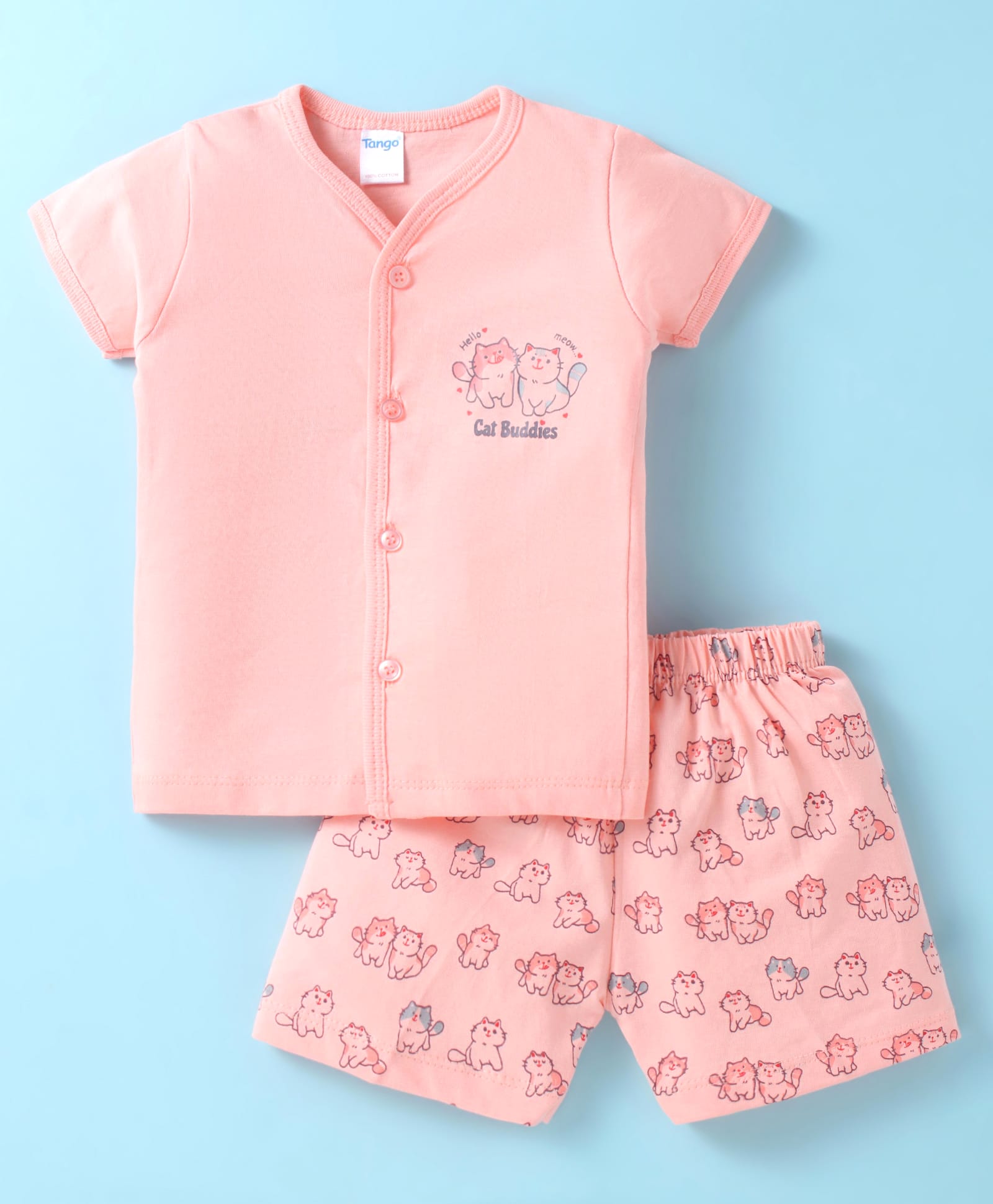 Tango Single Jersey Knit Half Sleeves Shorts Night Suit with Kitty Print - Peach-picture-11