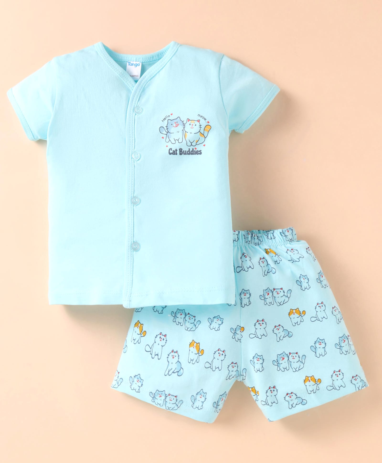 Tango Single Jersey Knit Half Sleeves Shorts Night Suit with Kitty Print - Aqua Blue-image-22