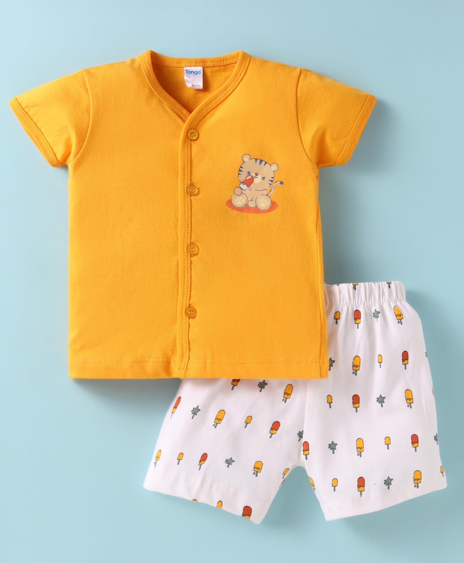 Tango Single Jersey Knit Half Sleeves Shorts Night Suit With Cat Print - Yellow & White-picture-2