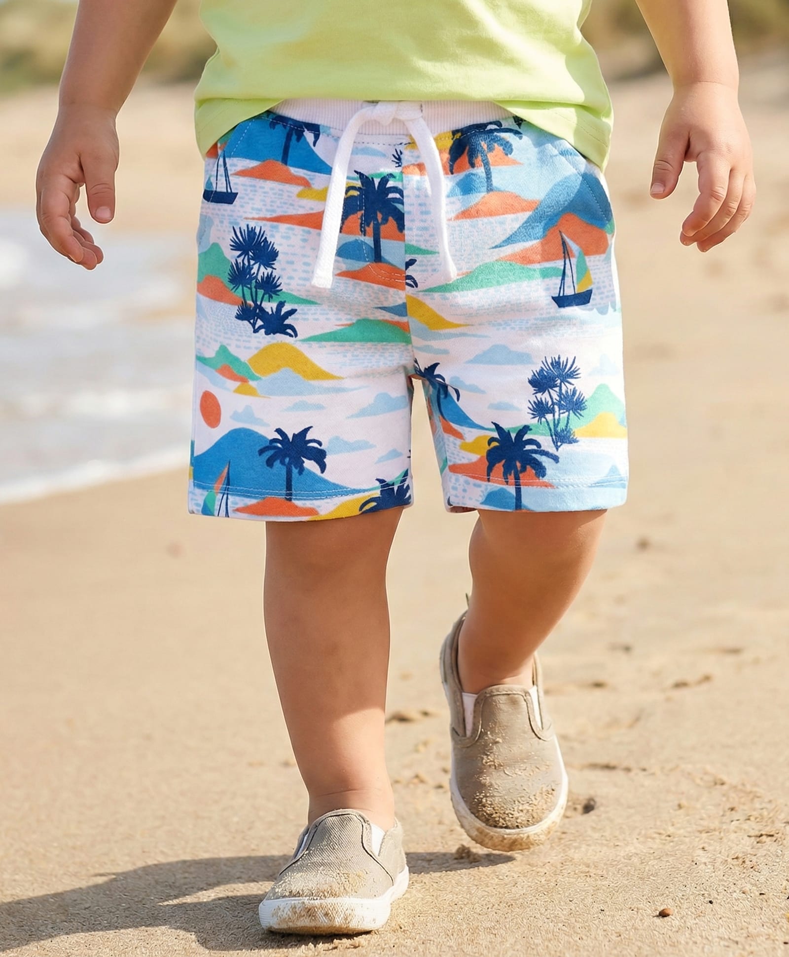 Babyhug Terry Knit Mid Thigh Shorts With Beach Print - White-picture-25
