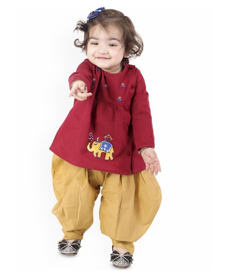 Little Ginnie Cotton Full Sleeves Floral & Elephant Embroidered Kurta & Dhoti Set - Maroon-image-15