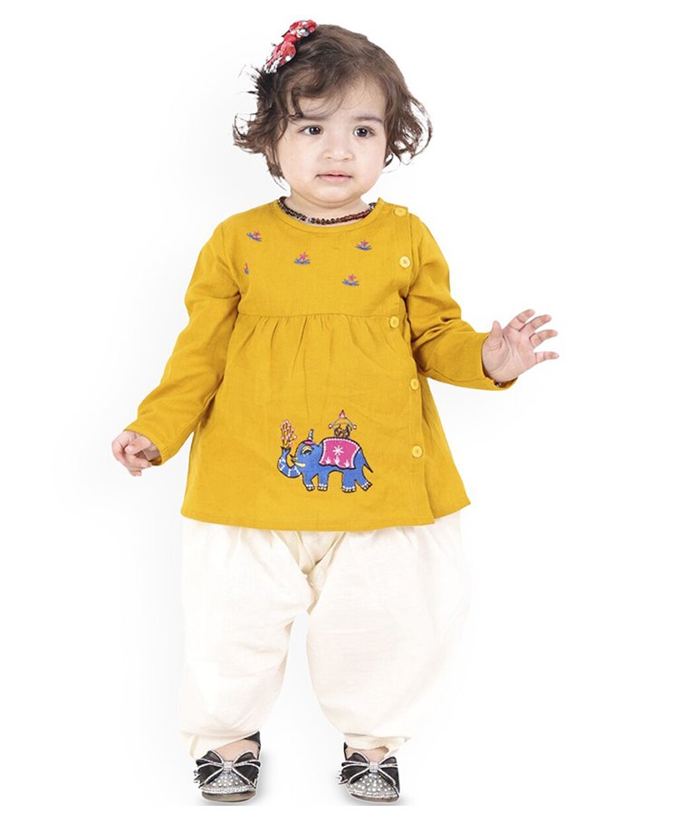 Little Ginnie Cotton Full Sleeves Floral & Elephant Embroidered Kurta & Dhoti Set - Mustard-picture-12